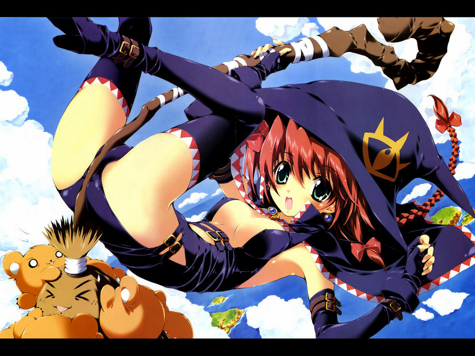 ass, blush, breasts, broom, cleavage, hat, smile