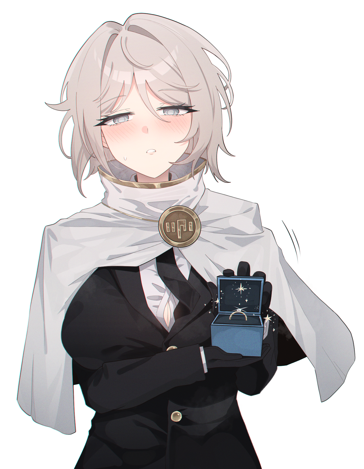 layer (layer illust), faust (project moon), limbus company, project moon, commentary request, highres, korean commentary, 1girl, black gloves, black jacket, black necktie, blush, breasts, buttons, capelet, formal clothes, gloves, grey eyes, grey hair, holding, index (identity) (project moon), jacket, jewelry, large breasts, long sleeves, looking at viewer, marriage proposal, necktie, open mouth, pov, ring, short hair, simple background, suit, teeth, white capelet