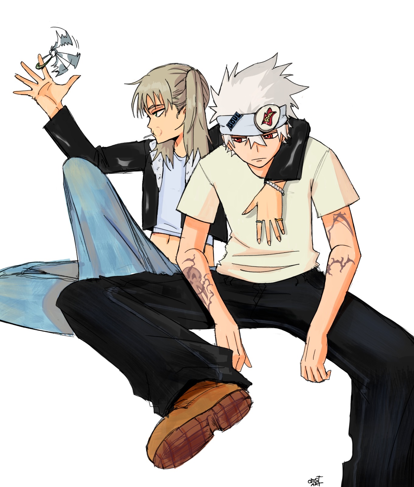 maka albarn, soul evans, soul eater, commentary, highres, 1boy, 1girl, arm tattoo, black jacket, blonde hair, bracelet, brown shoes, candy, closed mouth, cropped jacket, denim, food, jacket, jeans, jewelry, lollipop, midriff, navel, oestart, pants, red eyes, ring, shirt, shoes, t-shirt, tattoo, twintails, white hair