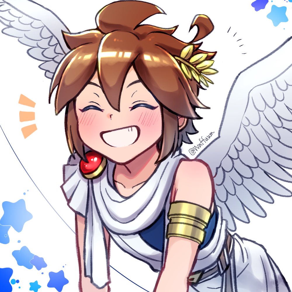 waffuum, pit (kid icarus), kid icarus, kid icarus uprising, nintendo, gold armlet, commentary, 1boy, ^ ^, ahoge, ancient greek clothes, angel, angel wings, armlet, artist name, blue background, brown hair, closed eyes, collarbone, feathered wings, greco-roman clothes, grin, hair between eyes, jewelry, laurel crown, leaning forward, male focus, scarf, short hair, sidelocks, single bare shoulder, smile, solo, spiked hair, star (symbol), star symbol background, twitter username, v-shaped eyebrows, white scarf, white wings, wings