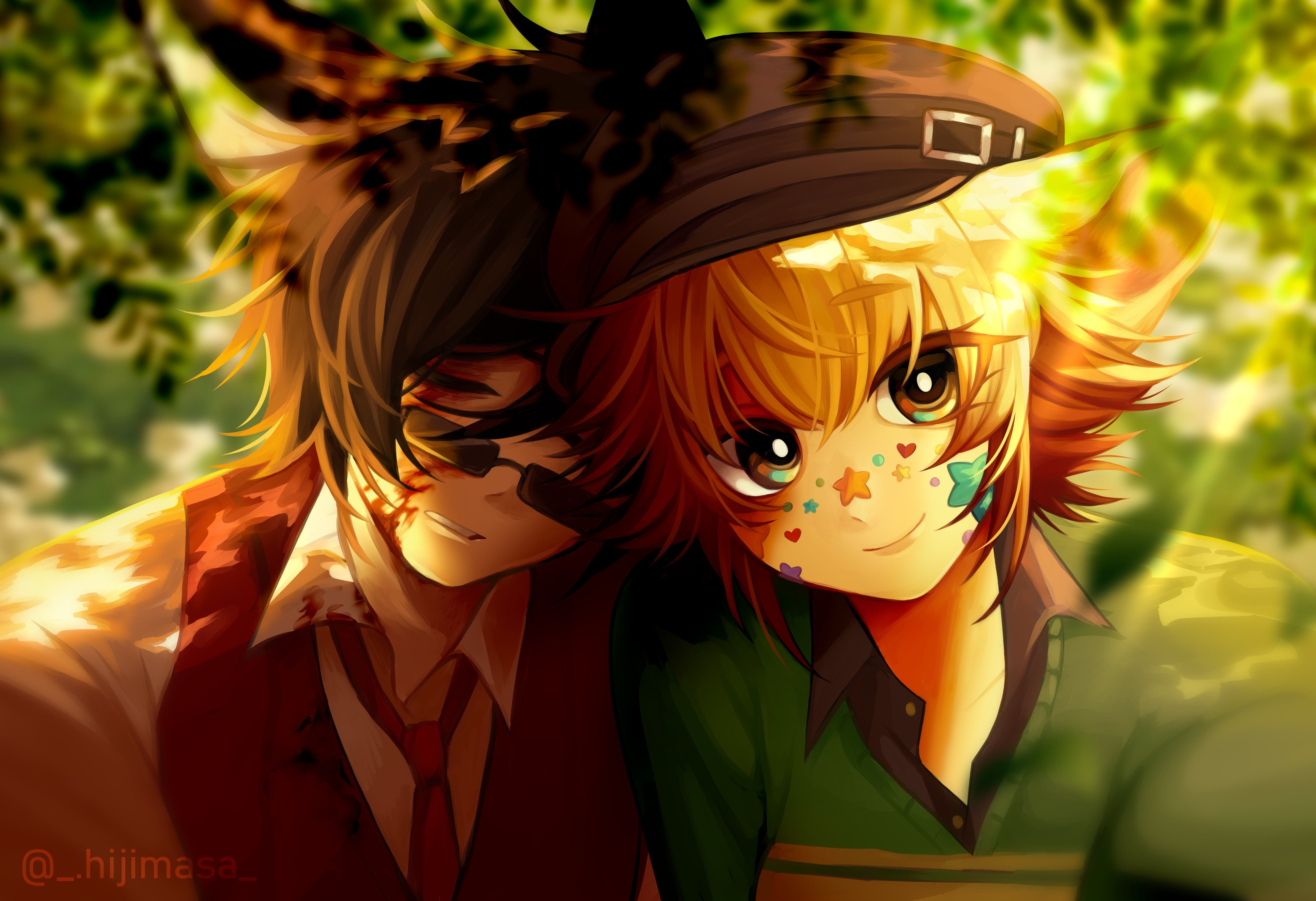 original, absurdres, commentary request, commission, highres, 1boy, 1girl, animal ears, black hair, black hat, blonde hair, blurry, blurry background, brown eyes, brown necktie, brown vest, closed mouth, green sweater, hat, hijimasa, looking at viewer, necktie, parted lips, shirt, short hair, smile, spanish commentary, sunglasses, sweater, vest, white shirt