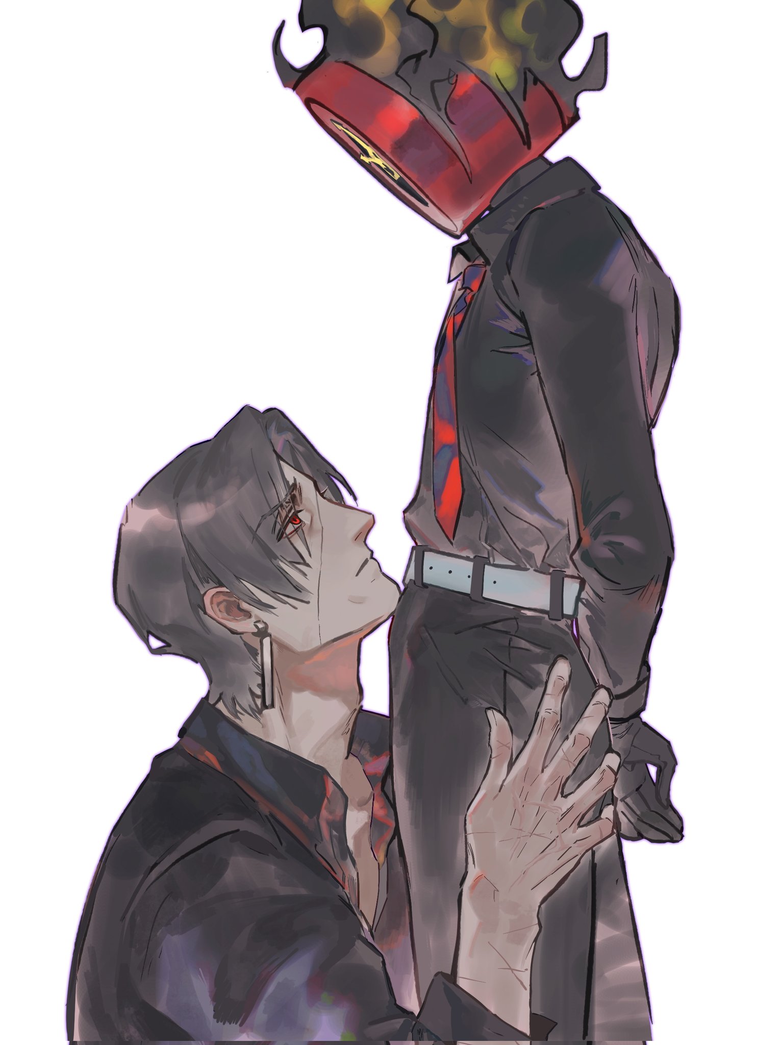 hoyapaint, dante (limbus company), vergilius (project moon), limbus company, project moon, highres, 1boy, 1other, black pants, black shirt, clock, collared shirt, earrings, fire, grey hair, hands on another's ass, jewelry, necktie, object head, other with male, pants, parted bangs, red eyes, red necktie, scar, scar on face, shirt