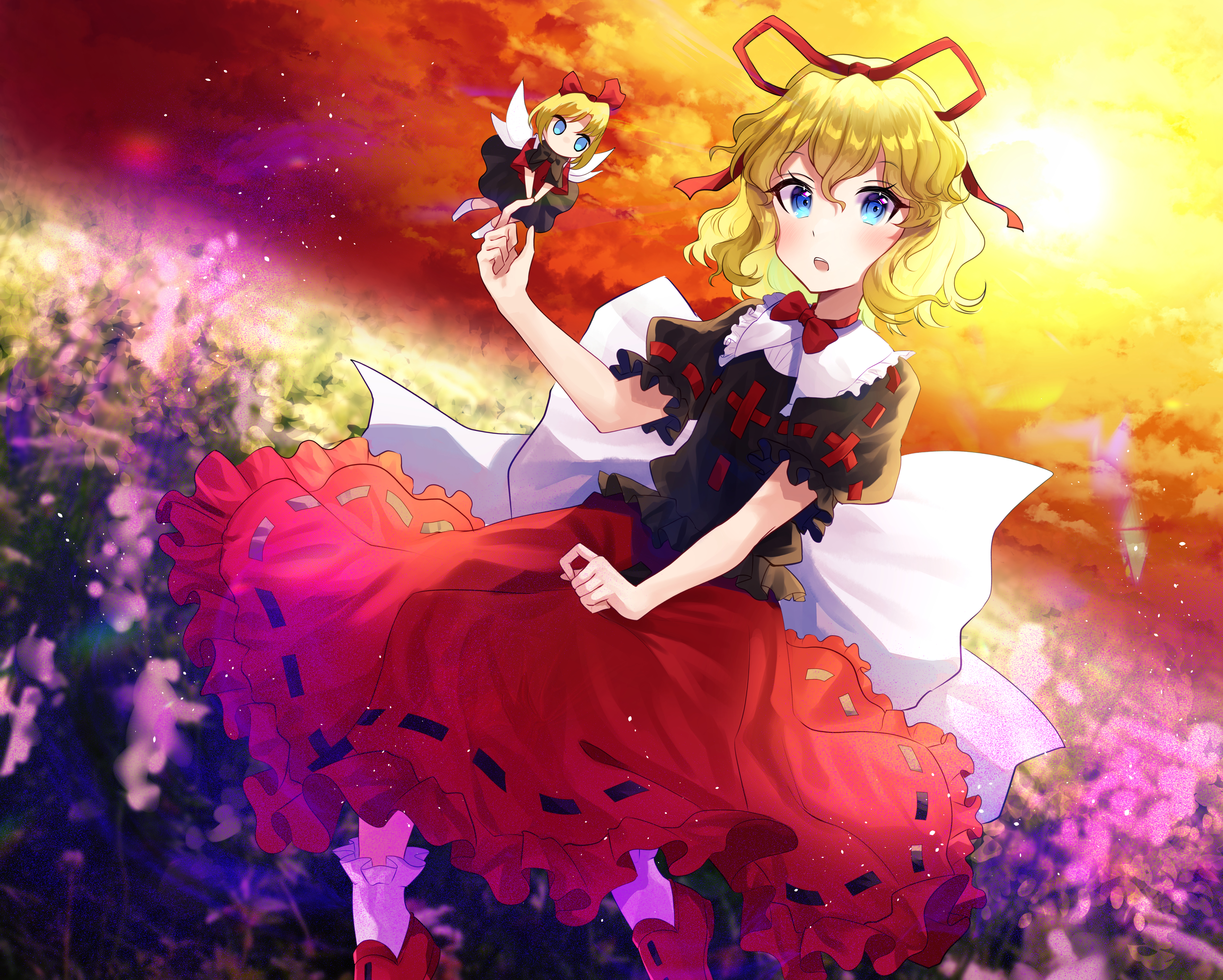 nettian51, medicine melancholy, su-san, touhou, absurdres, commentary, highres, plant request, 2girls, back bow, black shirt, black skirt, blonde hair, blue eyes, blurry, blush, bow, bowtie, cloud, collared shirt, contrast collar, evening, finger touching, floating, frilled shirt, frilled shirt collar, frills, hair ribbon, large bow, multiple girls, nameless hill, open mouth, plant, red bow, red bowtie, red ribbon, red shirt, red shoes, red skirt, ribbon, shirt, shoes, short hair, skirt, socks, teeth, upper teeth only, white bow, white socks, white wings, wings