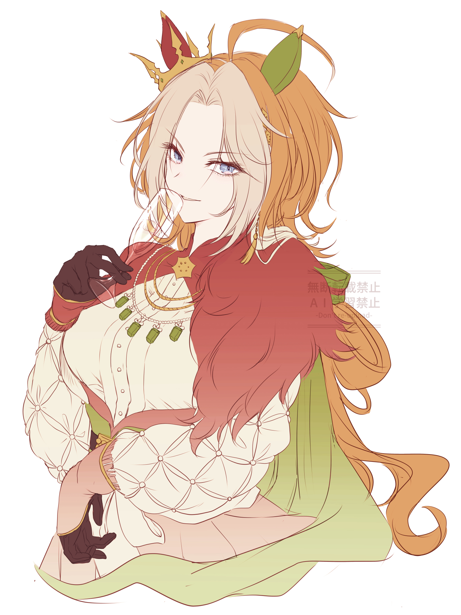 yue (lov n n), orfevre (umamusume), umamusume, highres, ahoge, alternate costume, animal ears, blue eyes, brown gloves, champagne flute, crown, cup, drinking glass, ear covers, ear ornament, ear through crown, fur trim, gloves, holding, horse ears, horse girl, long hair, long sleeves, mismatched ear covers, multicolored hair, orange hair, red skirt, shirt, simple background, skirt, smile, two-tone hair, white background, white hair, white shirt