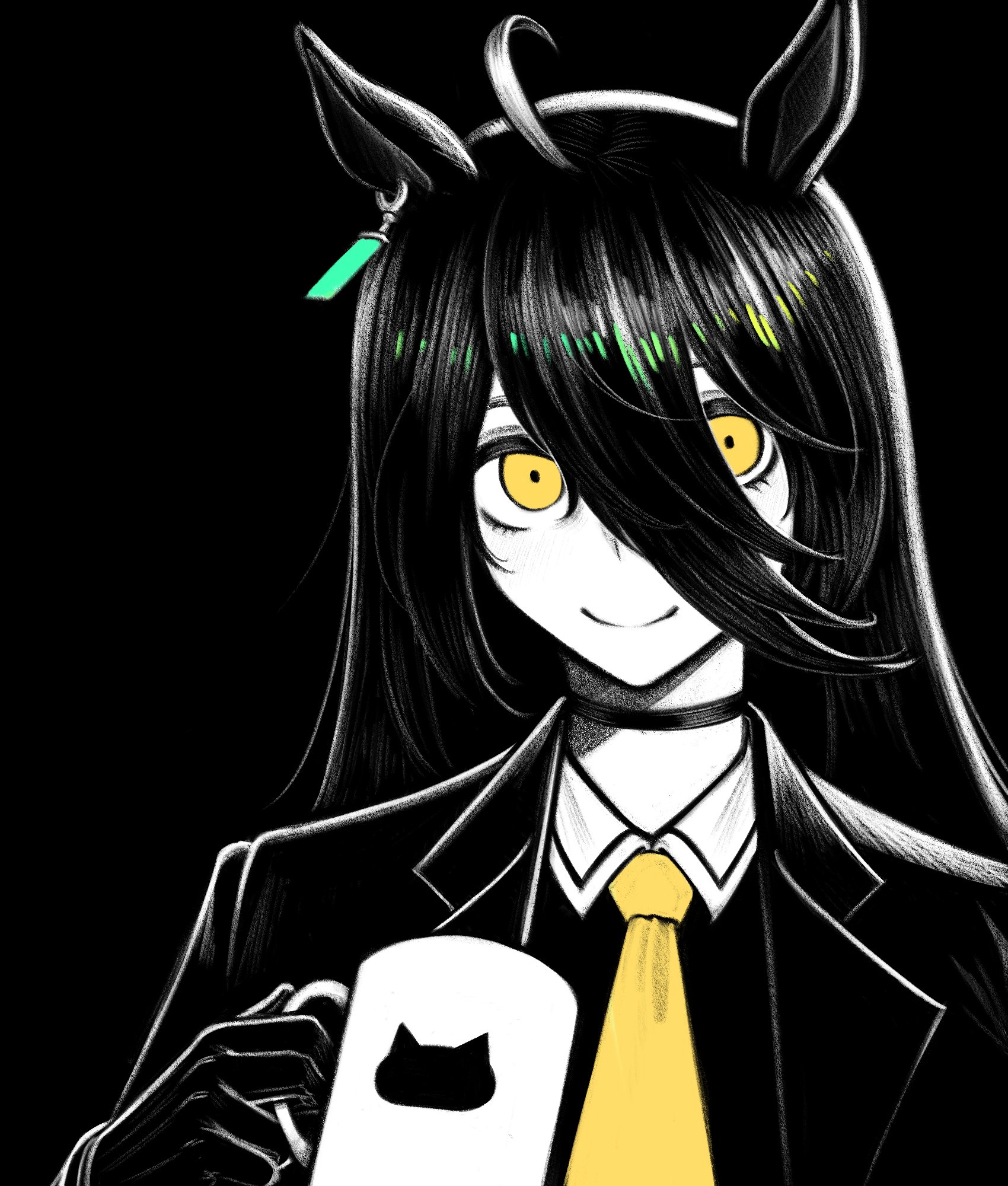 arawaffle, manhattan cafe (creeping shadow) (umamusume), manhattan cafe (umamusume), umamusume, highres, 1girl, ahoge, animal ears, black background, black choker, black coat, black gloves, black hair, black shirt, choker, closed mouth, coat, coffee mug, collared shirt, cup, ear tag, earrings, gloves, hair between eyes, holding, holding cup, horse ears, horse girl, jewelry, long bangs, long hair, long hair between eyes, long sleeves, looking at viewer, mug, multicolored hair, necktie, shirt, simple background, single earring, smile, solo, white hair, yellow eyes, yellow necktie