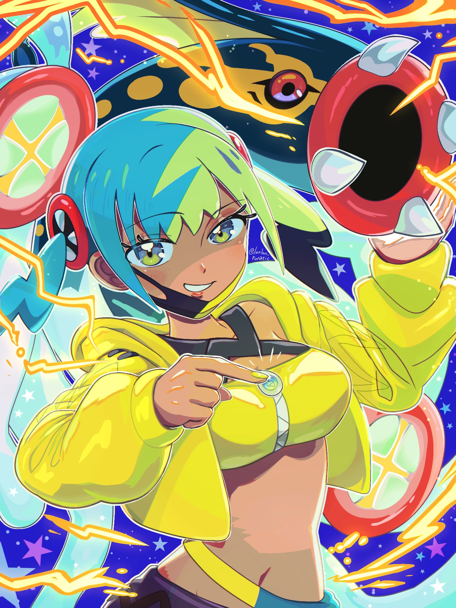 runachikku, canari (pokemon), eelektross, mega eelektross, nintendo, pokemon, pokemon legends: z-a, highres, 1girl, aqua hair, bandeau, black mask, blonde hair, blue eyes, blue skin, blush, breasts, collarbone, colored sclera, colored skin, criss-cross straps, dark-skinned female, dark skin, eel, electricity, fangs, fish, gen 5 pokemon, grin, jacket, lamprey, long sleeves, looking at viewer, mask, mask pull, medium breasts, mega pokemon, mega stone, mouth mask, multicolored hair, multicolored skin, navel, open mouth, pants, pokemon (creature), red sclera, short twintails, smile, split-color hair, sports bra, stomach, twintails, two-tone hair, two-tone mask, two-tone pants, two-tone skin, white skin, yellow bandeau, yellow jacket, yellow mask, yellow sports bra