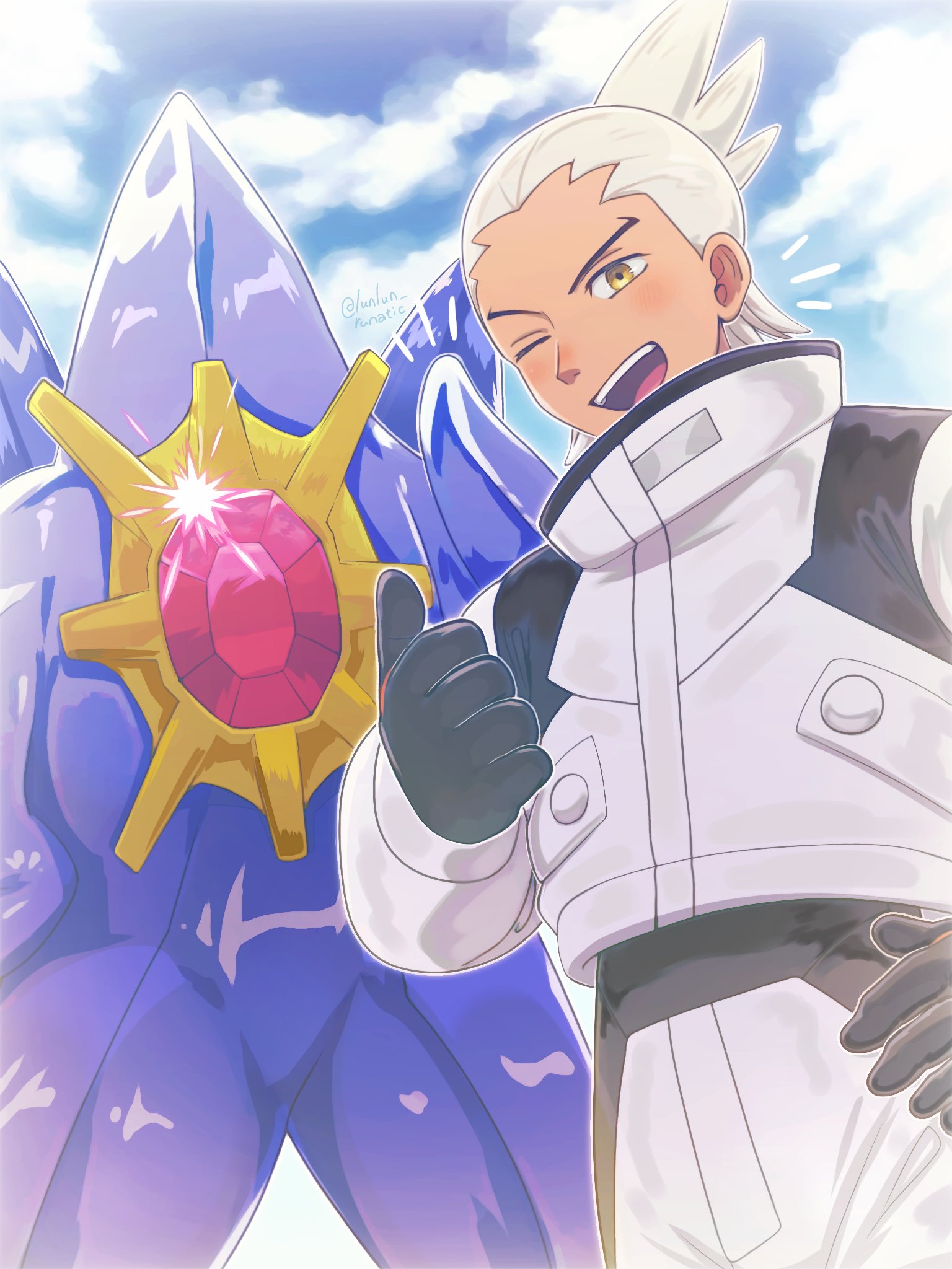 runachikku, friede (pokemon), mega starmie, starmie, nintendo, pokemon, pokemon (anime), pokemon horizons, highres, 1boy, black gloves, blue sky, blush, cloud, coat, colored skin, gem, gen 1 pokemon, gloves, jacket, long sleeves, mega pokemon, one eye closed, open mouth, pants, pokemon (creature), purple skin, red gemstone, sky, smile, starfish, teeth, white coat, white hair, white pants, yellow eyes
