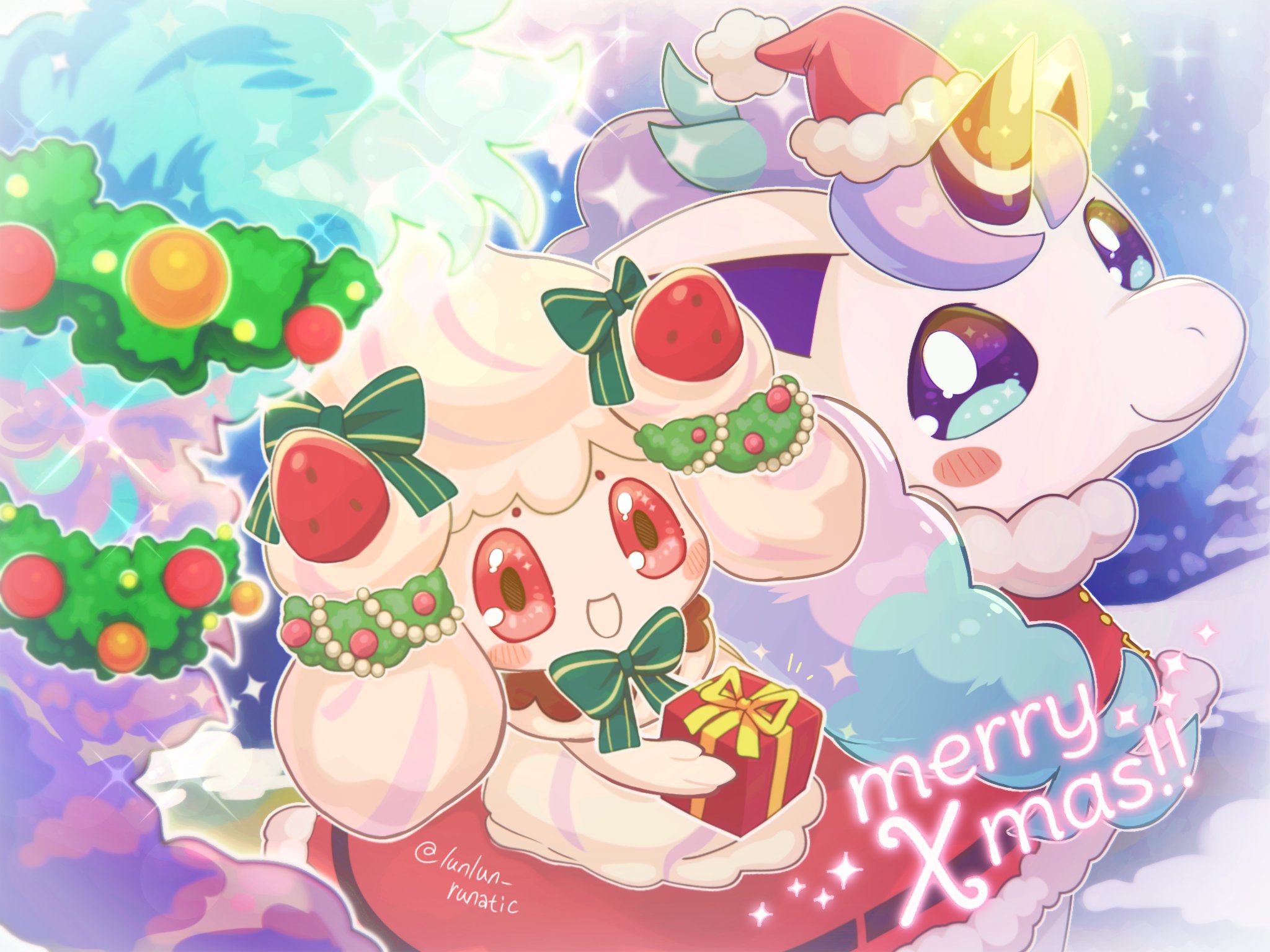 runachikku, alcremie, alcremie (strawberry sweet), alcremie (vanilla cream), galarian ponyta, nintendo, pokemon, highres, blush stickers, bow, box, christmas ornaments, christmas wreath, closed mouth, food, fruit, galarian form, gen 8 pokemon, gift, gift box, green bow, hat, holding, holding gift, horns, no humans, open mouth, pokemon (creature), pokemon focus, red hat, santa hat, single horn, smile, strawberry, unicorn, wreath