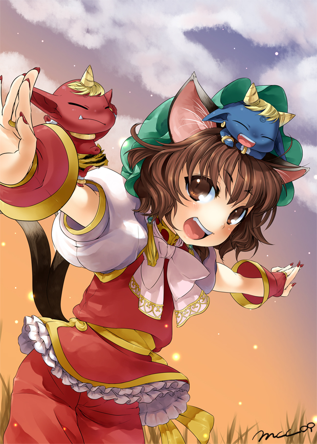 mokokosan, chen, touhou, bad id, bad pixiv id, 1girl, animal ears, blue oni, brown eyes, brown hair, cat ears, cat girl, earrings, female focus, gradient background, hat, jewelry, nature, oni, outdoors, plant, red oni, short hair, skirt, sky, solo