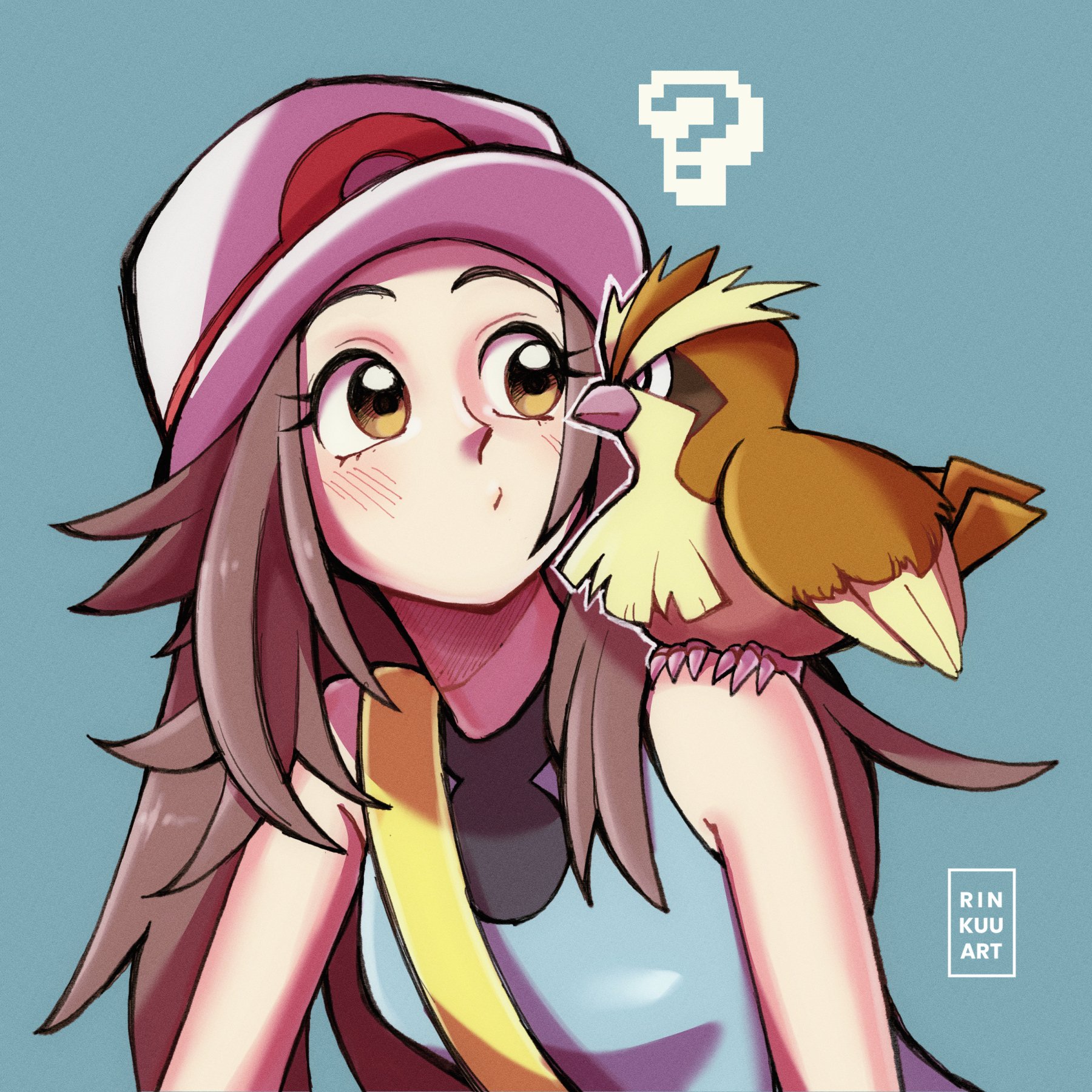 rinkuu art, leaf (pokemon), pidgey, nintendo, pokemon, pokemon frlg, highres, 1girl, ?, beak, bird, blue shirt, blush, breasts, brown eyes, brown hair, bucket hat, closed mouth, gen 1 pokemon, hat, long hair, on shoulder, pokemon (creature), pokemon on shoulder, porkpie hat, shirt, skirt, sleeveless, sleeveless shirt, talons, white hat, wings
