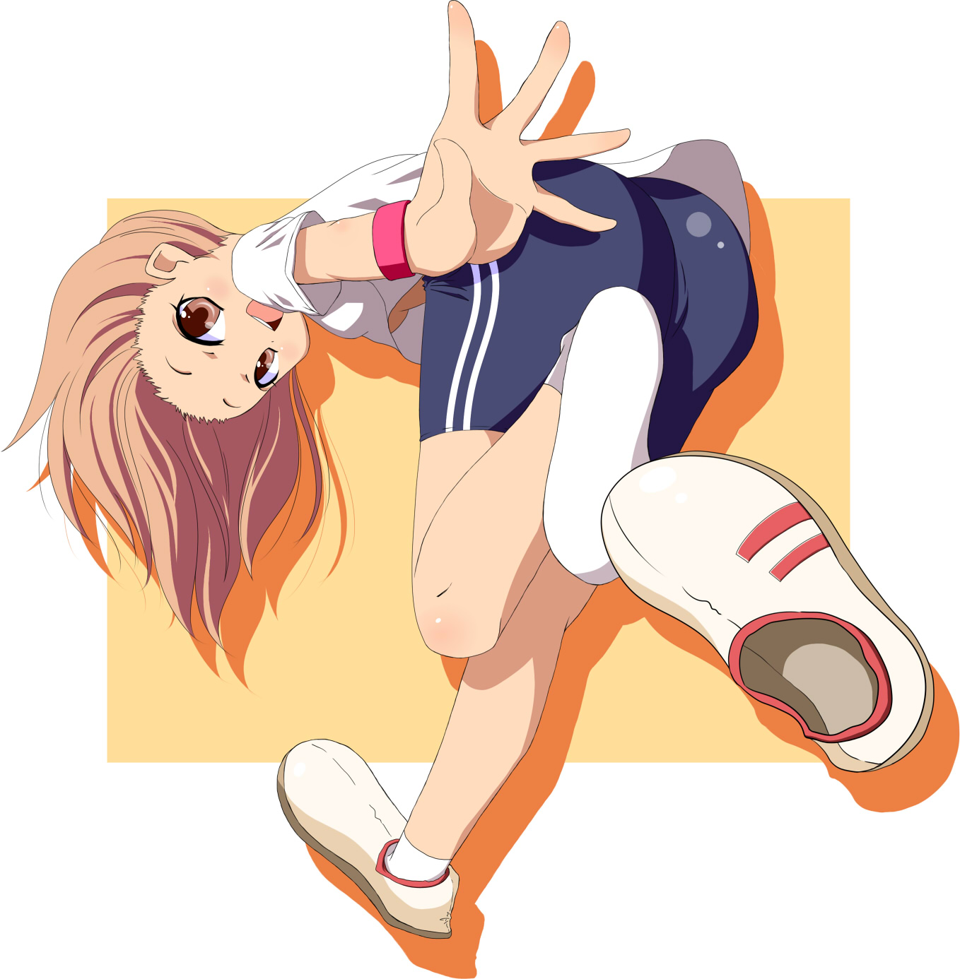 take (office-t), original, bad id, bad pixiv id, highres, 1girl, ass, bike shorts, brown eyes, brown hair, female focus, flat chest, running, shoes, short hair, single shoe, solo