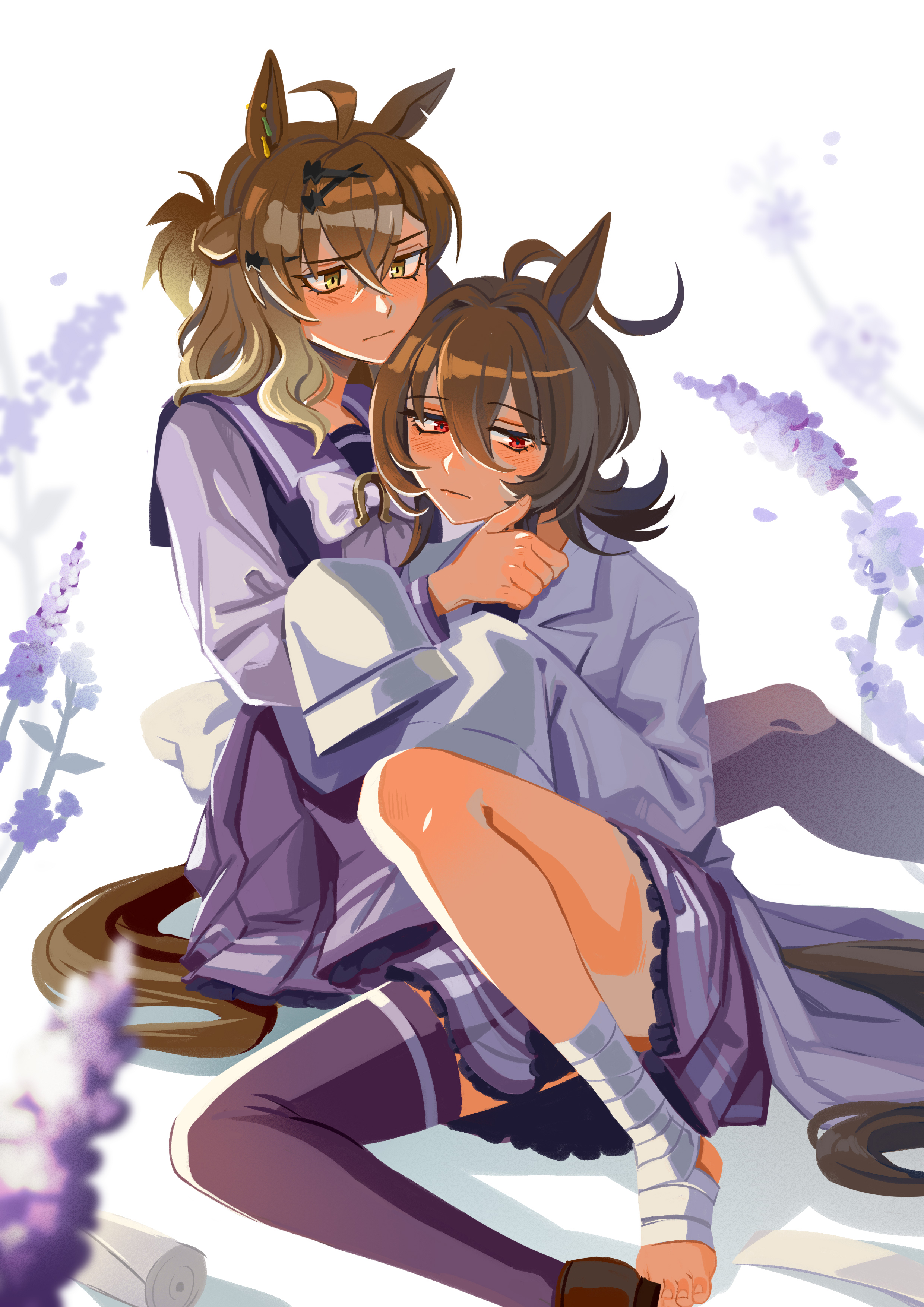 agnes tachyon (umamusume), jungle pocket (umamusume), umamusume, absurdres, highres, 2girls, ahoge, animal ears, bandaged foot, bandages, boro^2, bow, bowtie, braid, brown hair, closed mouth, coat, flower, hair between eyes, hair ornament, hairclip, half up braid, half up half down braid, horse ears, horse girl, horse tail, lab coat, long sleeves, medium hair, multiple girls, notched ear, pleated skirt, purple sailor collar, purple serafuku, purple shirt, purple skirt, purple thighhighs, red eyes, sailor collar, sailor shirt, school uniform, serafuku, shirt, single thighhigh, skirt, sleeves past fingers, sleeves past wrists, tail, thighhighs, tracen school uniform, white bow, white bowtie, white coat, yellow eyes