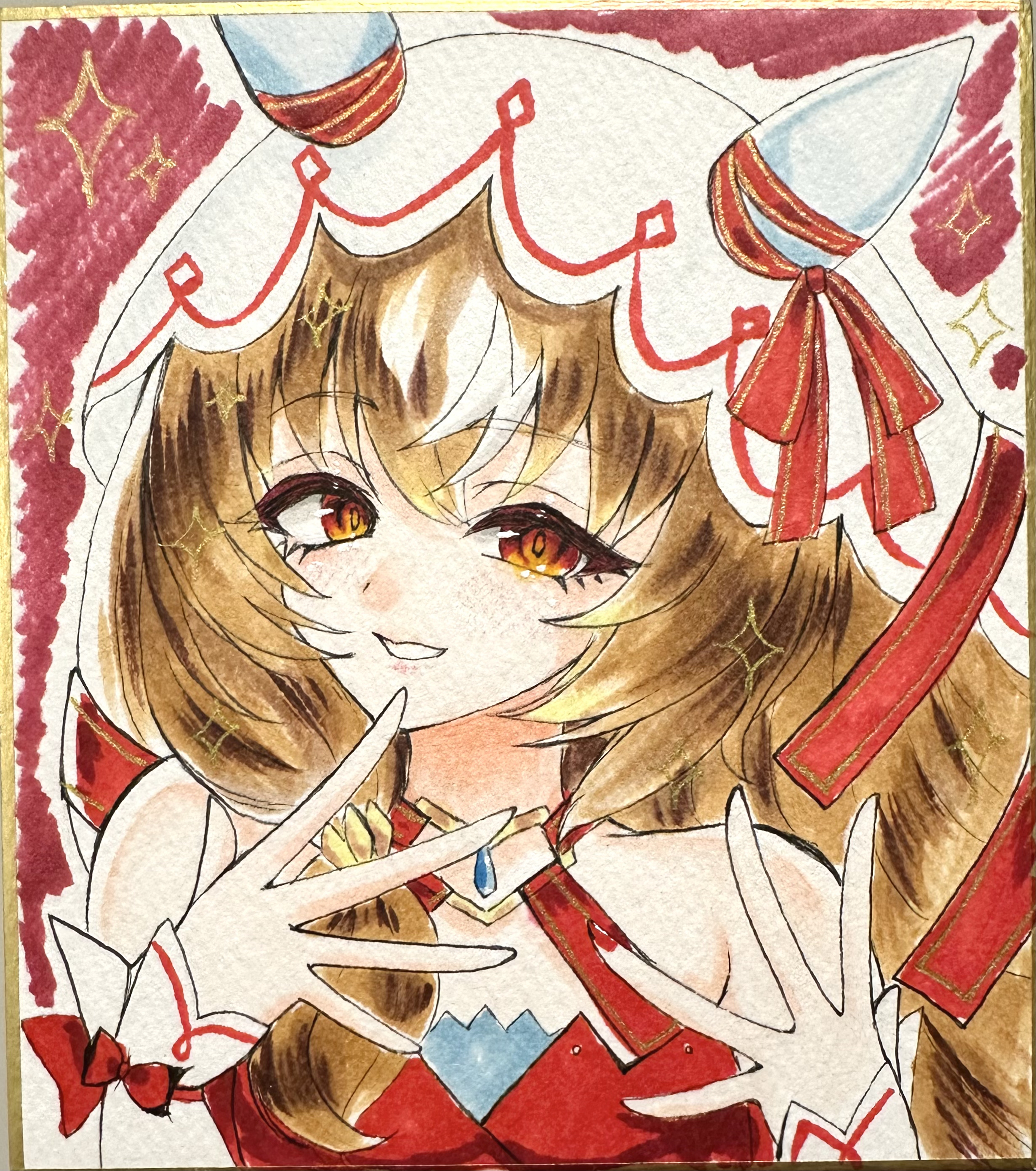 setsuna rio, still in love (scarlet vow raiment) (umamusume), still in love (umamusume), umamusume, absurdres, highres, photo (medium), traditional media, 1girl, animal ears, bare shoulders, bow, breasts, brown hair, detached sleeves, dress, ear covers, ear ribbon, hair between eyes, horse ears, horse girl, long hair, looking at viewer, open mouth, red dress, red eyes, red ribbon, ribbon, small breasts, smile, solo, veil, white streaks, white veil