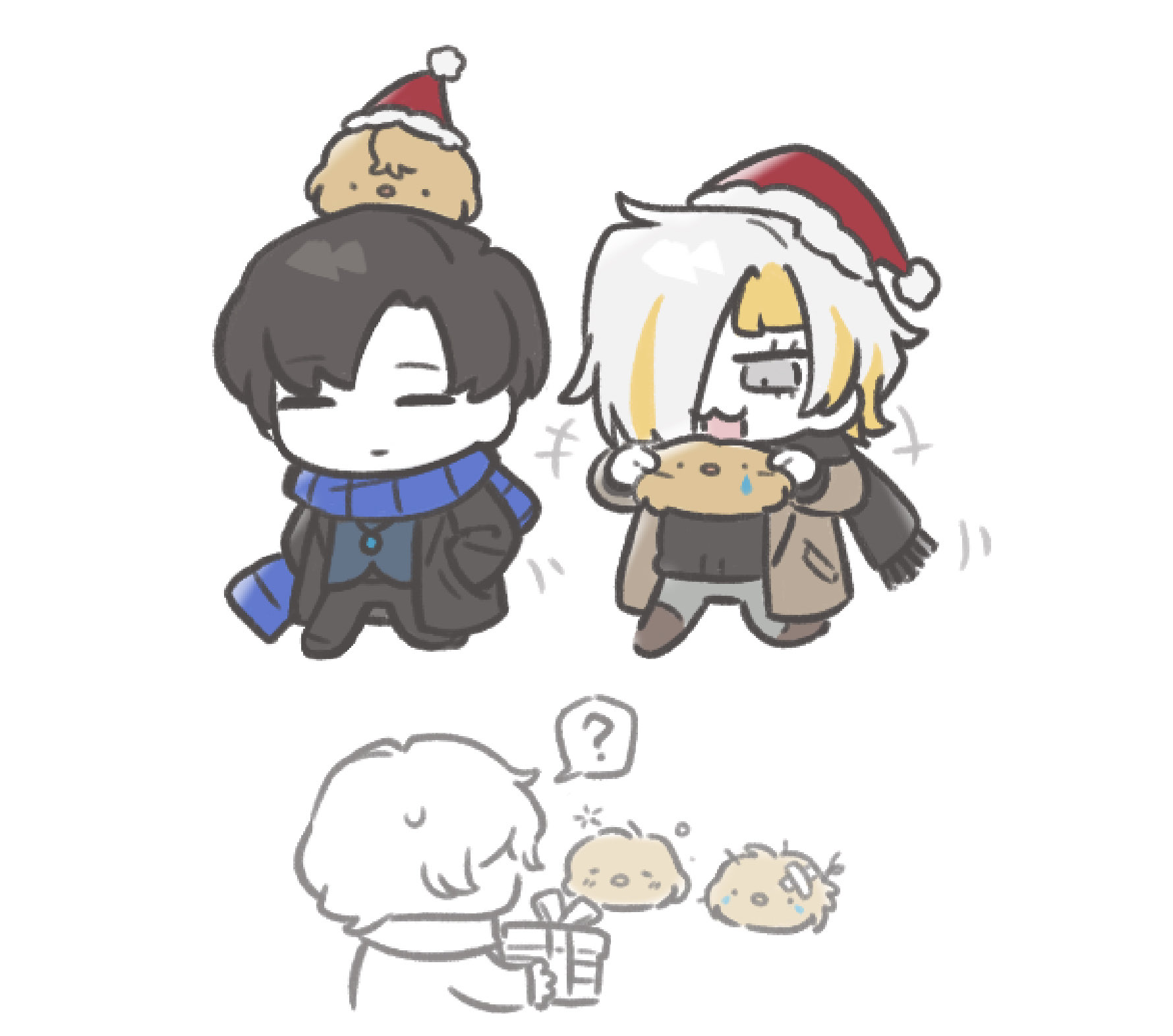 ohzv, demian (project moon), kromer (project moon), sinclair (project moon), limbus company, project moon, highres, 1girl, 2boys, animalization, baby animal, bird, black coat, black pants, black scarf, black sweater, blue scarf, blue vest, brown sweater, chibi, chick, coat, confused, grey eyes, hands in pockets, multiple boys, pants, scarf, simple background, sweat, sweater, vest, walking, white background