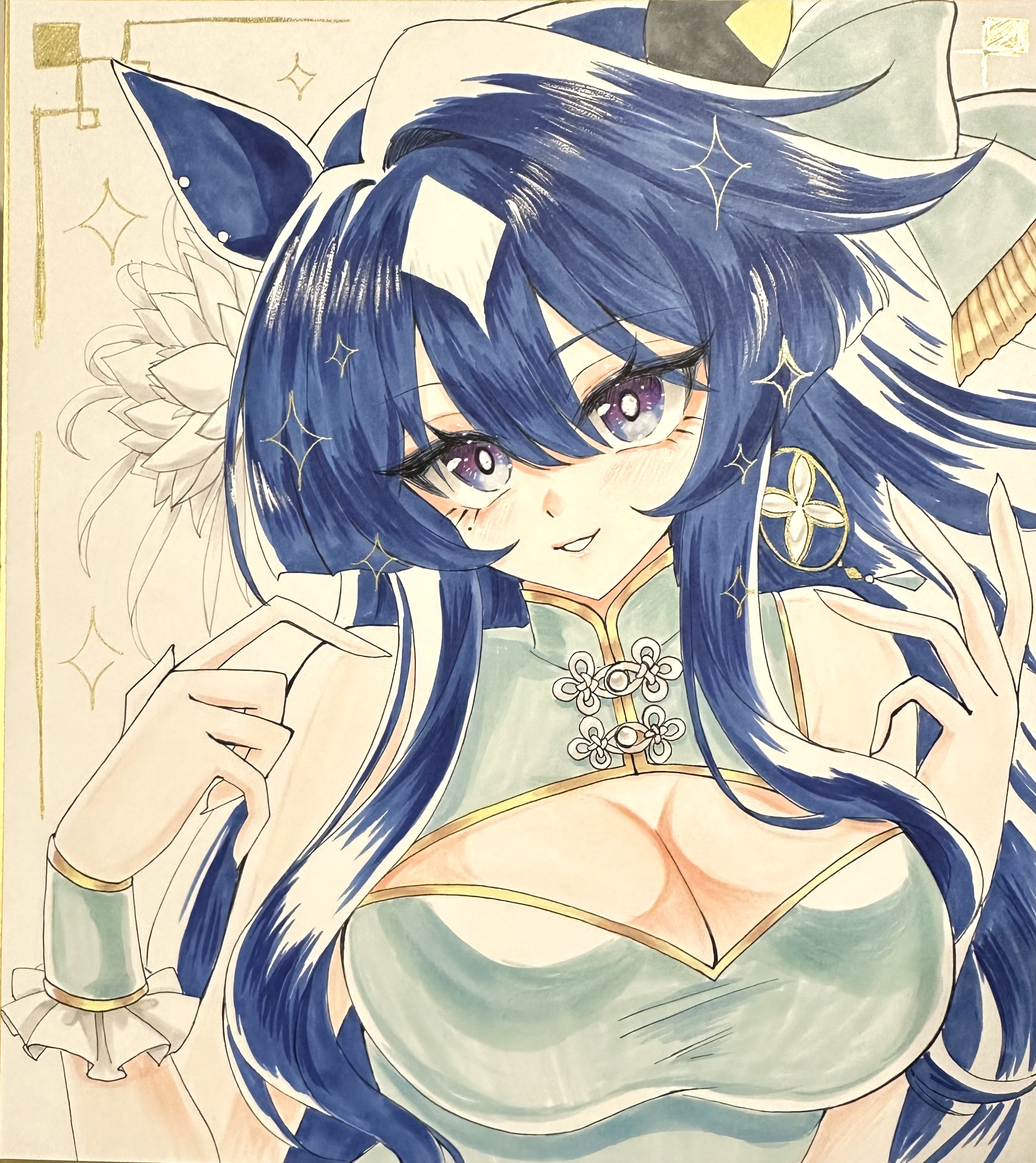 setsuna rio, verxina (umamusume), umamusume, absurdres, highres, photo (medium), photoshop (medium), traditional media, 1girl, animal ears, blue dress, blue eyes, blue hair, bow, breasts, china dress, chinese clothes, cleavage, cleavage cutout, clothing cutout, dress, ear covers, hair between eyes, hair bow, hair ornament, horse ears, horse girl, large breasts, long hair, looking at viewer, mole, mole under eye, multicolored hair, parted lips, single ear cover, sleeveless, sleeveless dress, smile, solo, upper body