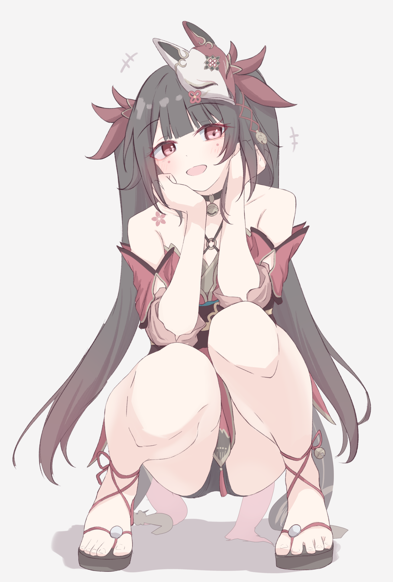 tofu thunder, sparkle (honkai: star rail), honkai: star rail, honkai (series), highres, revision, +++, 1girl, :d, bare shoulders, bell, black choker, blush, brown hair, choker, criss-cross halter, detached sleeves, dress, flower tattoo, fox mask, full body, hair bell, hair ornament, halterneck, hands on own cheeks, hands on own face, happy, long hair, looking at viewer, mark under both eyes, mask, mask on head, neck bell, open mouth, pink eyes, red dress, red sleeves, sandals, simple background, smile, solo, squatting, straight-on, tattoo, twintails, white background