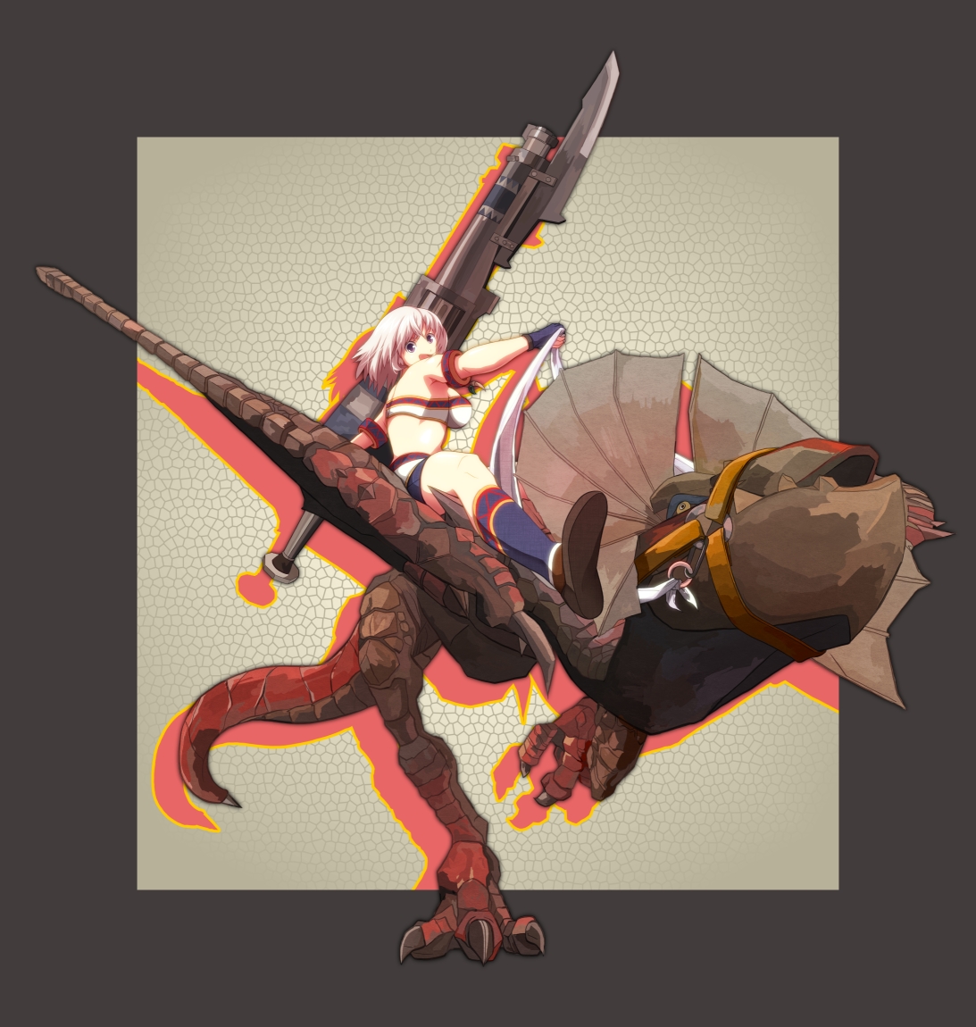 tsukumo (soar99), yian kut-ku, capcom, monster hunter (series), dragon, gunlance, monster, riding, solo, wyvern