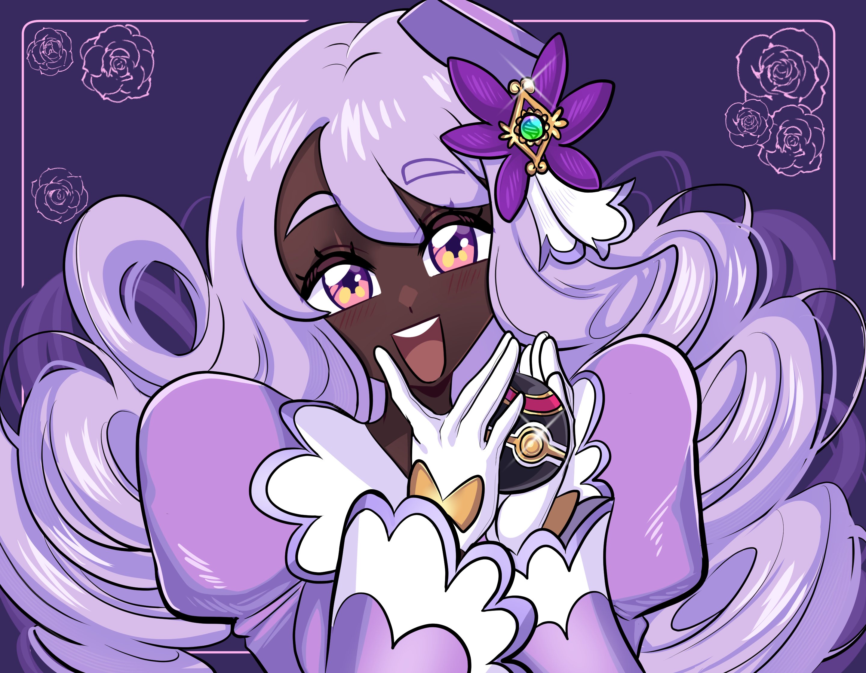 missandydandy, jacinthe (pokemon), nintendo, pokemon, pokemon legends: z-a, highres, 1girl, dark-skinned female, dark skin, dress, flower, gloves, holding, holding poke ball, luxury ball, mega stone, orange eyes, poke ball, purple background, purple dress, purple hair, rose