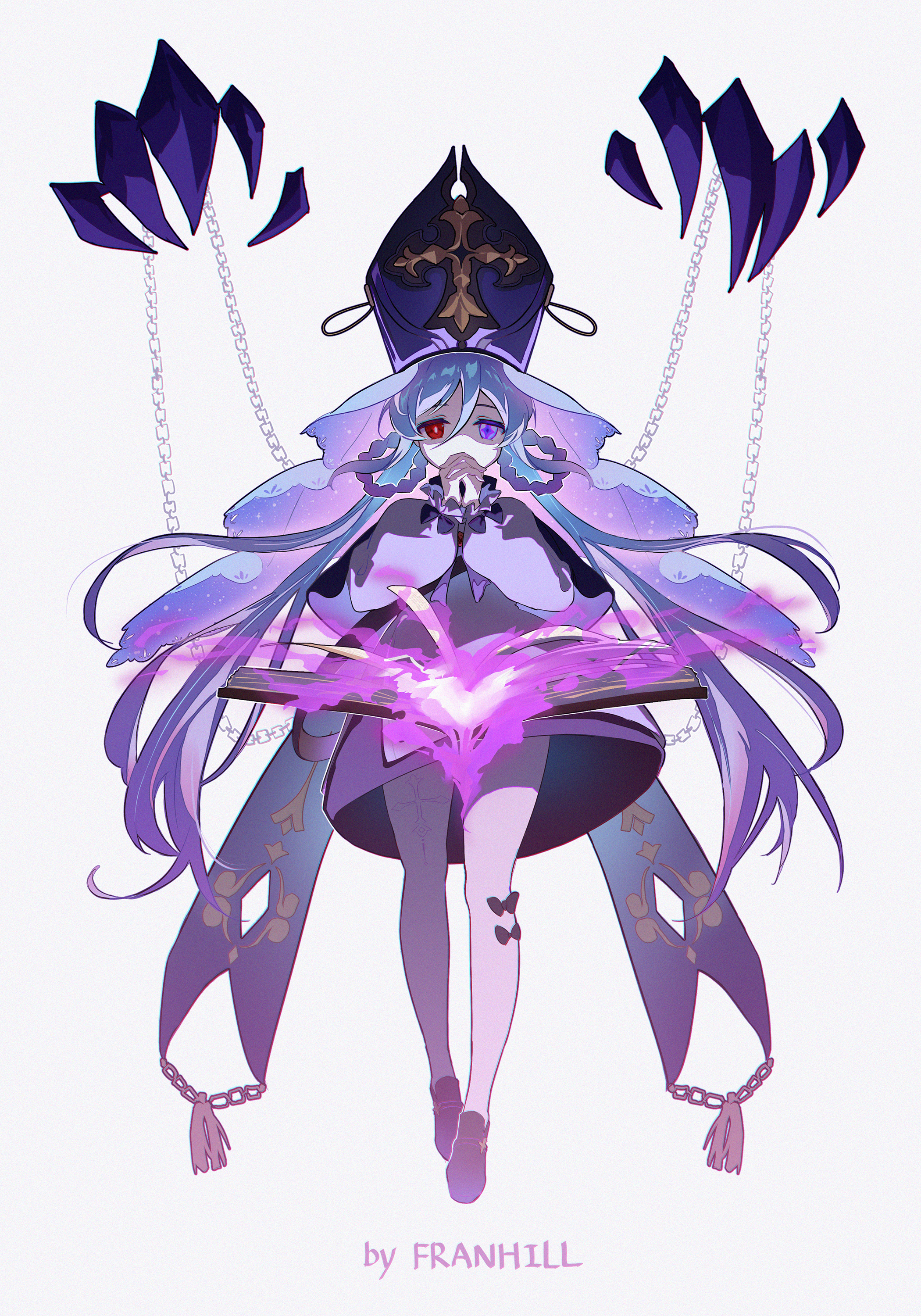 franhill, dubra (honkai: star rail), honkai: star rail, honkai (series), absurdres, highres, revision, 1girl, artist name, black bow, black capelet, black shoes, blue hair, book, bow, bow legwear, braid, capelet, chain, cross, disembodied hand, dress, fire, floating, floating book, floating object, full body, grey background, grey pantyhose, hair between eyes, hands up, hat, heterochromia, long hair, long sleeves, looking at viewer, mitre, open book, own hands clasped, own hands together, pantyhose, purple bow, purple dress, purple eyes, purple fire, purple hat, red eyes, shaded face, shoes, simple background, solo, veil, very long hair