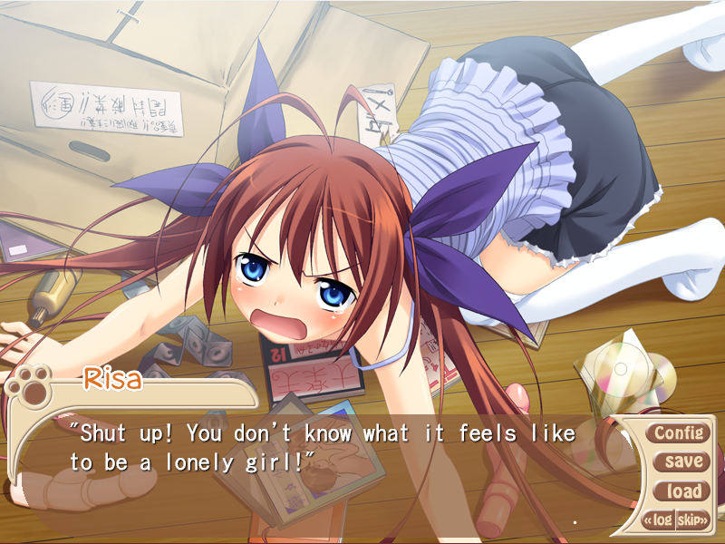 mizuki kotora, oumi risa, wanko to kurasou, screencap, game cg, 1girl, ahoge, all fours, angry, antenna hair, blue eyes, blush, cd, condom, condom packet strip, condom wrapper, embarrassed, english text, female focus, lonely, magazine (object), open mouth, sex toy, skirt, solo, tears, thighhighs, twintails, vibrator, visual novel, white thighhighs, zettai ryouiki