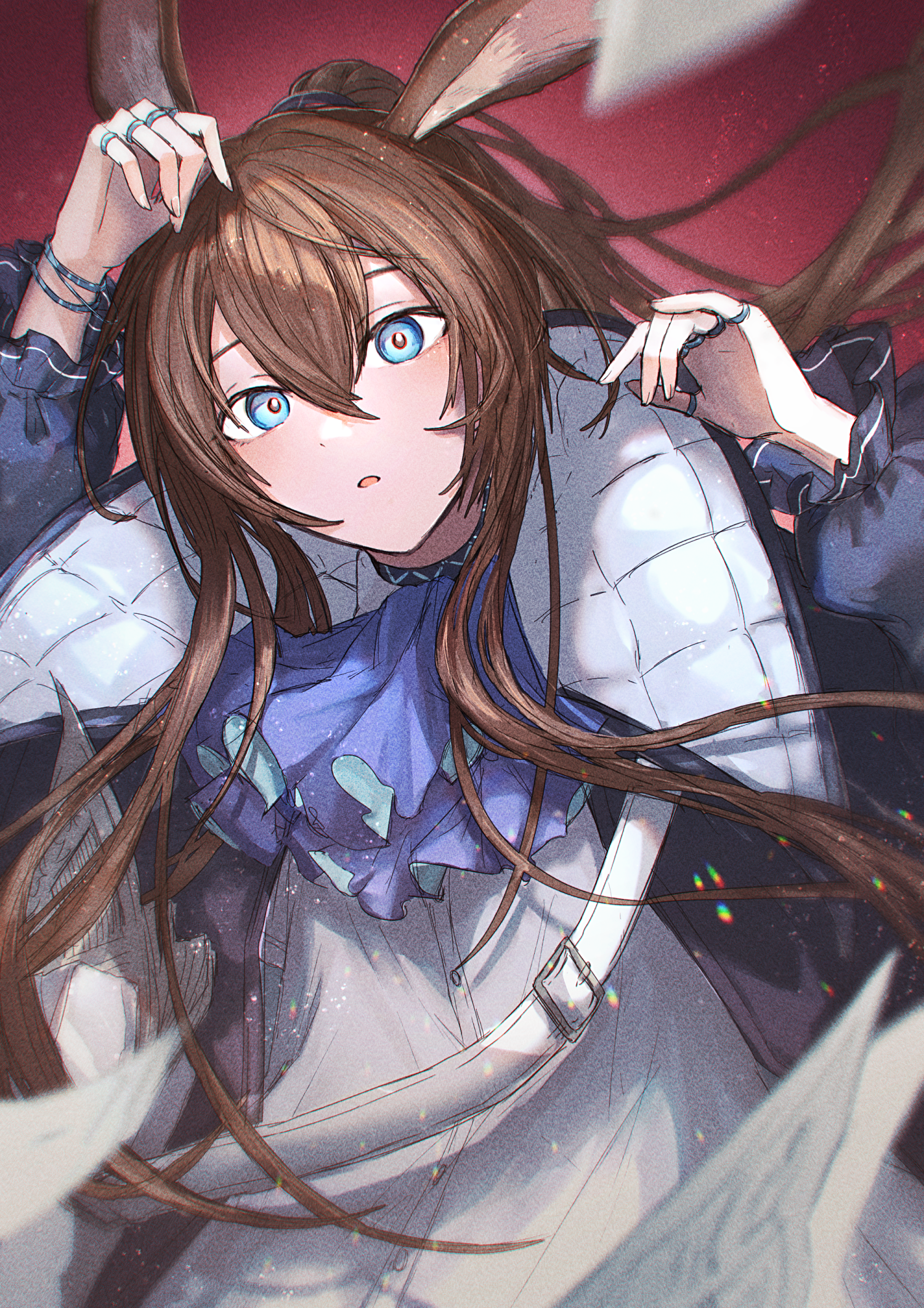 murujimu, amiya (arknights), amiya (newsgirl) (arknights), arknights, highres, revision, 1girl, animal ear fluff, animal ears, arms up, ascot, black coat, blue ascot, blue eyes, brown hair, coat, hair between eyes, jewelry, long hair, long sleeves, looking at viewer, multiple rings, official alternate costume, open clothes, open coat, open mouth, paper, ponytail, rabbit ears, ring, shirt, sidelocks, solo, upper body, very long hair, white shirt