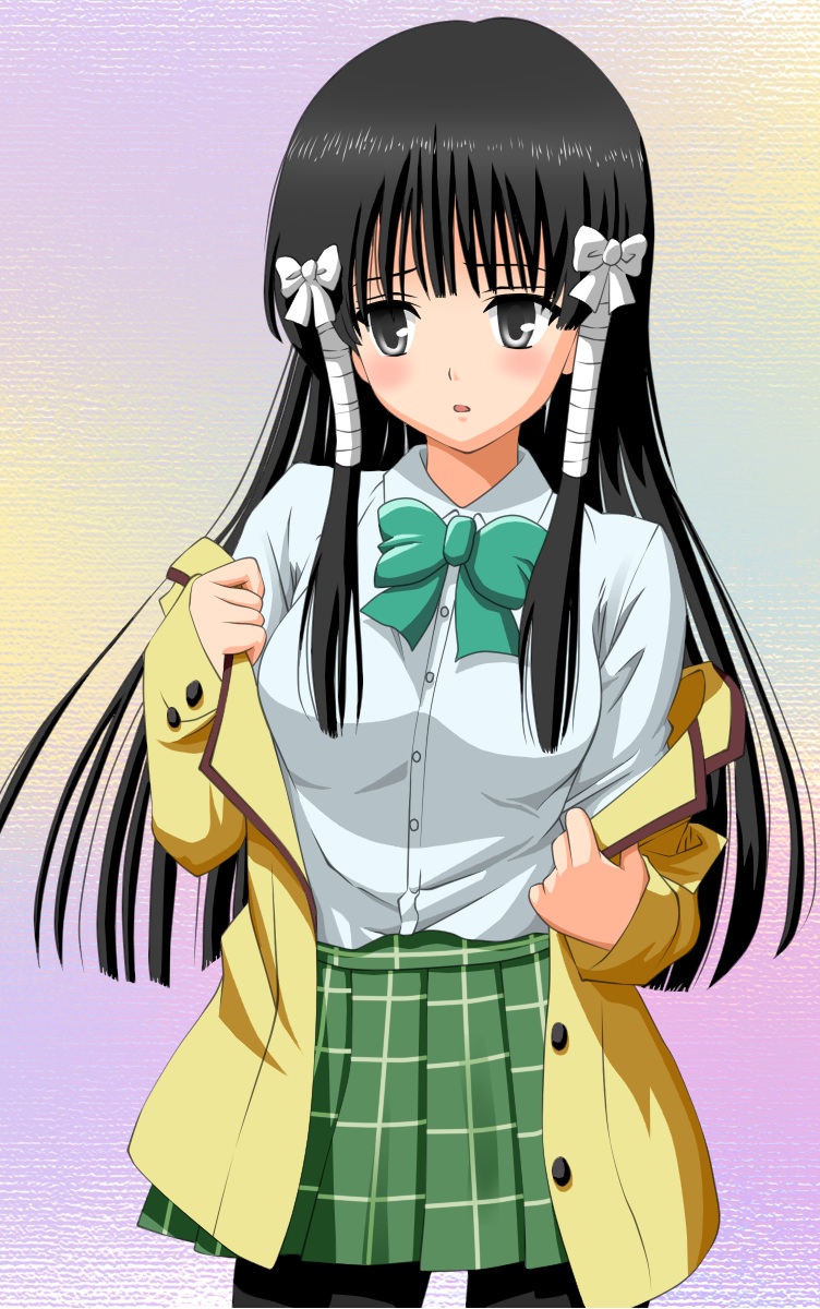 yabuki kentarou, murasame oshizu, to love-ru, colorized, highres, 00s, 1girl, black hair, blush, female focus, long hair, pantyhose, plaid clothes, plaid skirt, school uniform, skirt, solo, undressing