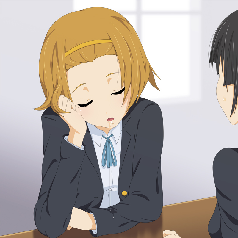 shiten, akiyama mio, tainaka ritsu, k-on!, 00s, 2girls, brown eyes, brown hair, hairband, multiple girls, saliva, school uniform, short hair, sleeping