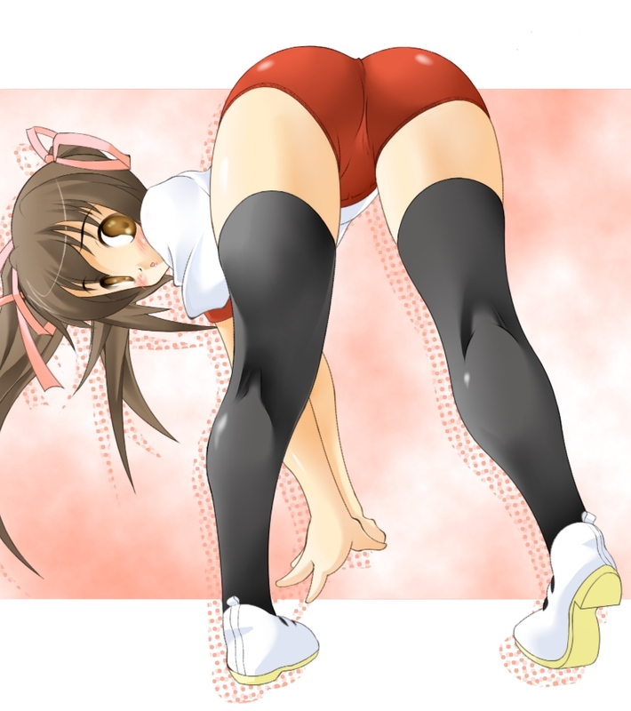 piro (zero-zeek), zero-zeek, bad id, bad pixiv id, 1girl, ass, bent over, brown eyes, brown hair, buruma, female focus, gym uniform, hair ribbon, ribbon, short twintails, solo, thighhighs, trefoil, twintails