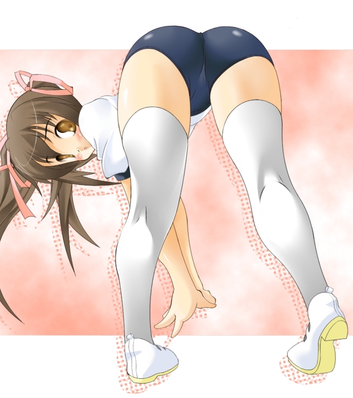 piro (zero-zeek), zero-zeek, bad id, bad pixiv id, 1girl, ass, bent over, brown eyes, brown hair, buruma, female focus, gym uniform, hair ribbon, ribbon, short twintails, solo, thighhighs, trefoil, twintails, white thighhighs