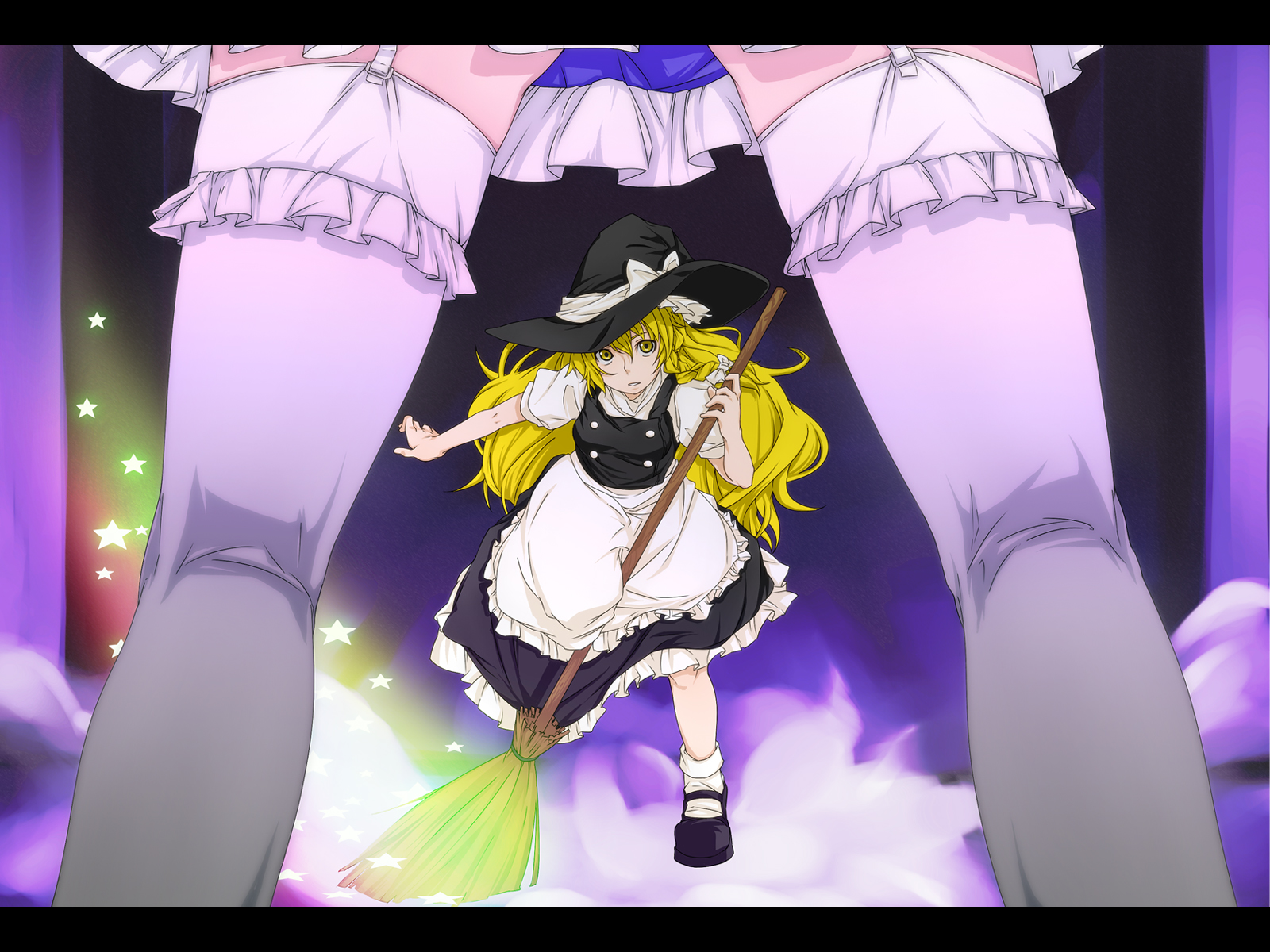 itsuki (nanairo megane), izayoi sakuya, kirisame marisa, touhou, frilled legwear, highres, 2girls, blonde hair, broom, garter straps, hat, kneepits, legs, letterboxed, long hair, multiple girls, smoke, standing, standing on one leg, thighhighs, thighs, white thighhighs, witch hat, yellow eyes, zettai ryouiki