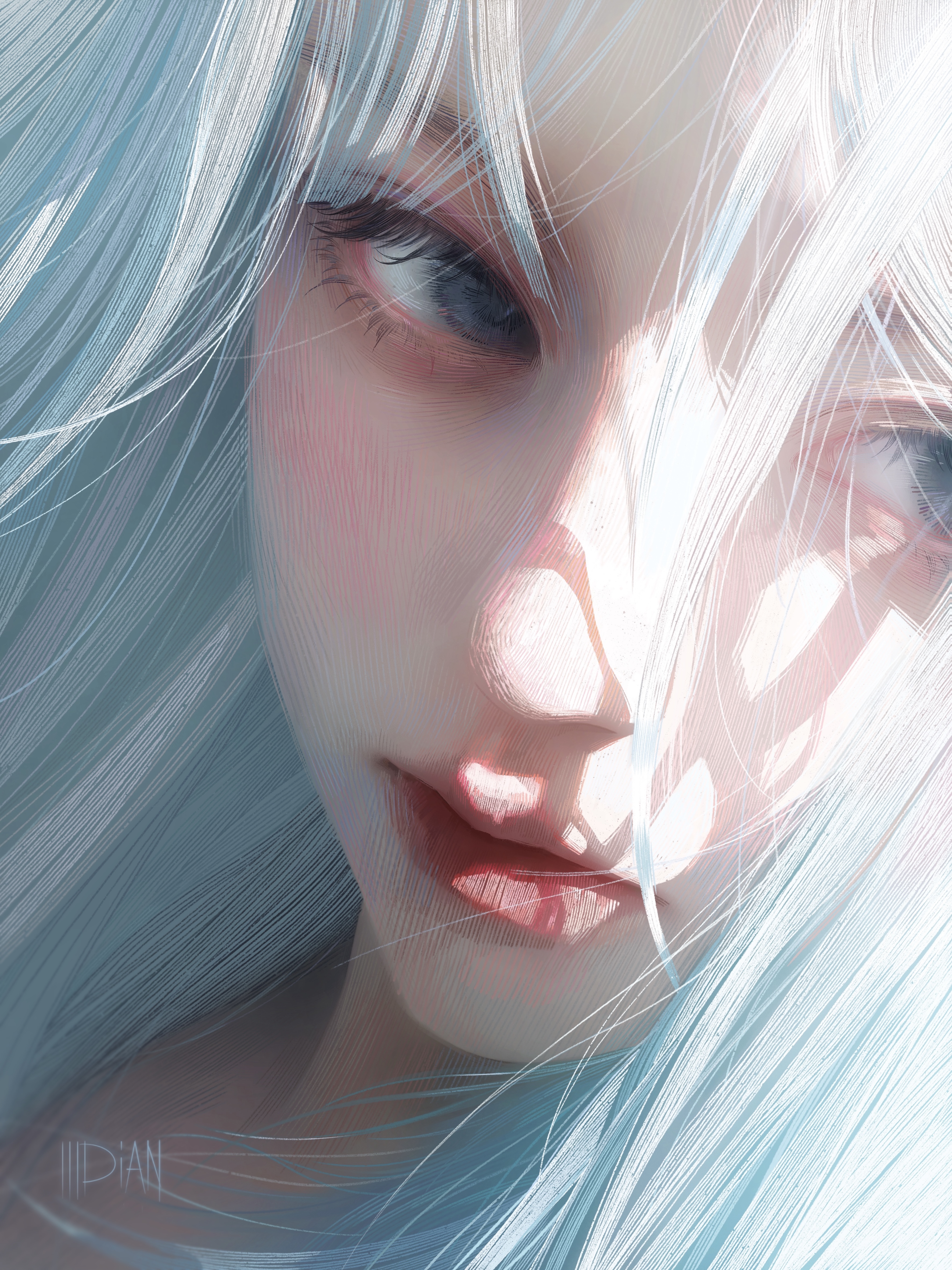 xu youdian, original, absurdres, chinese commentary, commentary request, highres, procreate (medium), 1girl, artist name, black eyes, close-up, closed mouth, hair between eyes, light blush, portrait, red lips, sidelighting, sideways glance, solo, white hair
