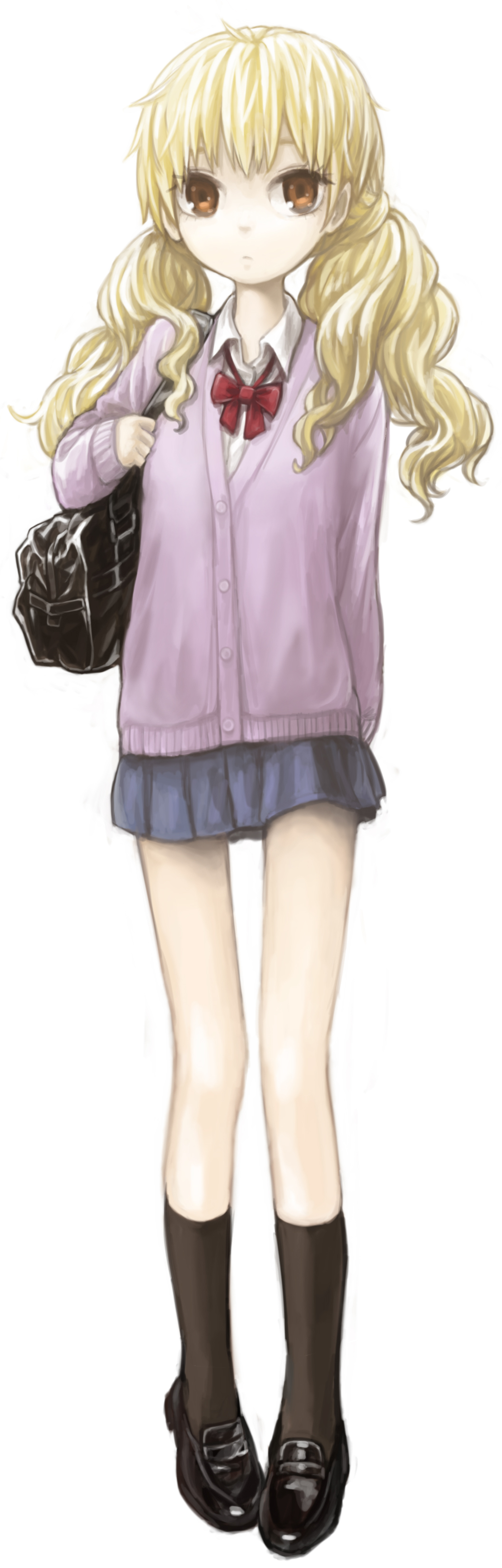 nikerabi, kurumizawa ume, kimi ni todoke, absurdres, bad id, bad pixiv id, highres, long image, tall image, 00s, 1girl, bag, blonde hair, brown eyes, female focus, full body, legs, long hair, miniskirt, school uniform, simple background, skirt, socks, solo, sweater vest, twintails, white background