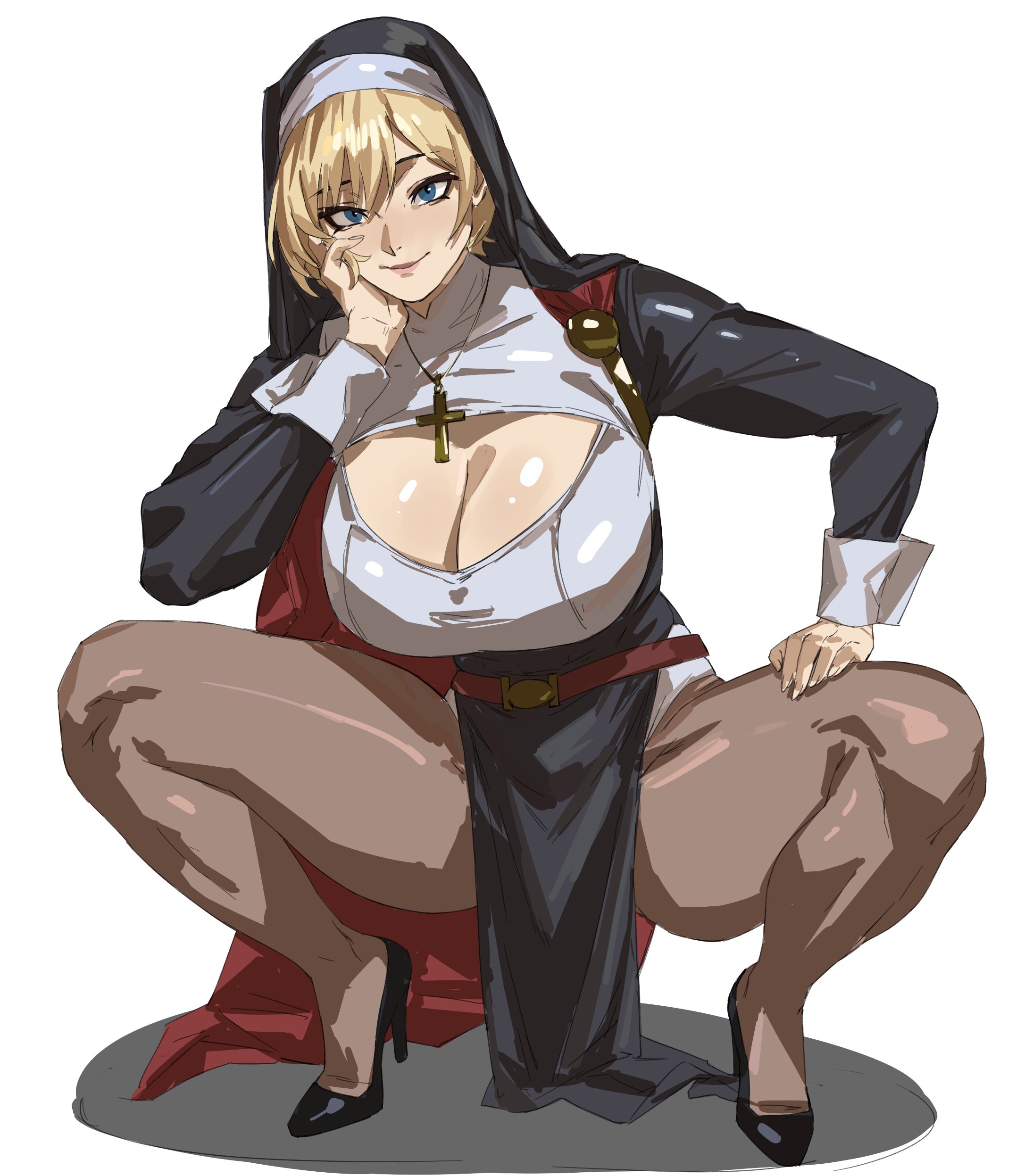 taiyang yu, power girl, dc comics, absurdres, highres, belt, blonde hair, blue eyes, blush, breasts, cape, cape clasp, cleavage, cross, cross necklace, hand on own face, hand on own thigh, high heels, huge breasts, jewelry, leggings, leotard, necklace, nun headdress, red cape, shiny skin, smile, squatting, thick thighs, thighs