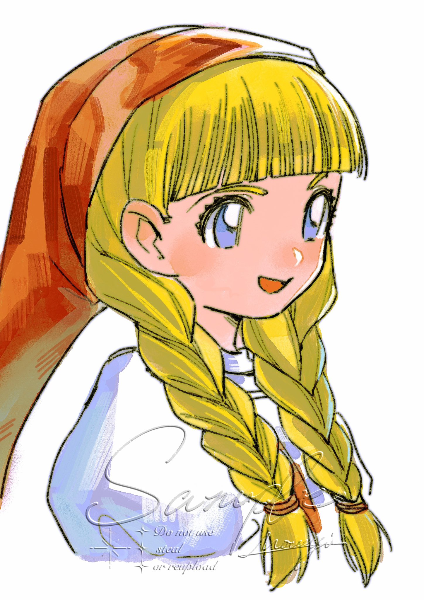 mouyi, veronica (dq11), dragon quest, dragon quest xi, highres, 1girl, artist name, blonde hair, blue eyes, blunt bangs, braid, dress, hair over shoulder, hat, light blush, long hair, open mouth, phrygian cap, puffy short sleeves, puffy sleeves, red hat, sample watermark, short sleeves, smile, solo, twin braids, upper body, watermark, white background, white dress