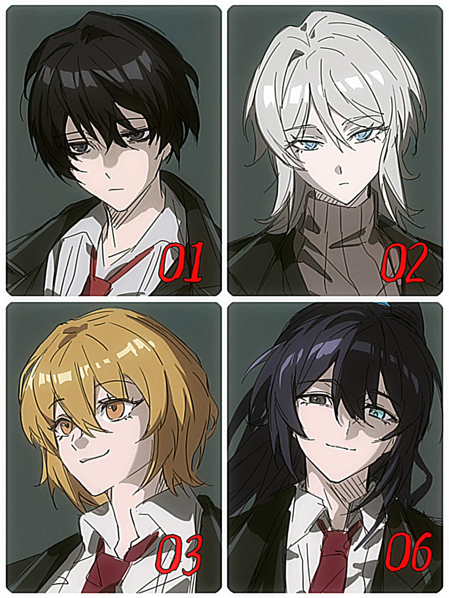 cen (acheng02806053), don quixote (project moon), faust (project moon), hong lu (project moon), yi sang (project moon), limbus company, project moon, chinese commentary, commentary request, highres, 2boys, 2girls, :3, black eyes, black hair, black jacket, blonde hair, blue eyes, collared shirt, heterochromia, high ponytail, jacket, long hair, looking at viewer, multiple boys, multiple girls, necktie, numbered, ponytail, portrait, red necktie, shaded face, shirt, short hair, smile, sweater, turtleneck, turtleneck sweater, white hair, white shirt, yellow eyes