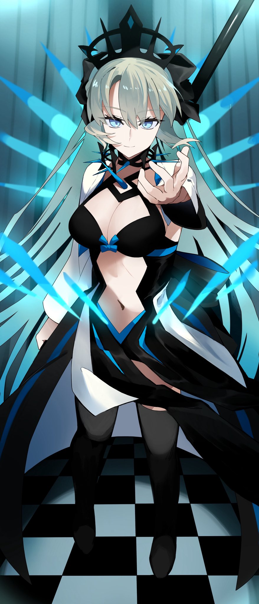 ma ple, morgan le fay (fate), morgan le fay (third ascension) (fate), fate/grand order, fate (series), highres, 1girl, black bow, black dress, black thighhighs, black tiara, blue eyes, bow, braid, dress, full body, hair between eyes, hair bow, half up braid, holding, holding polearm, holding weapon, long hair, long sleeves, looking at viewer, polearm, ponytail, solo, spikes, standing, thighhighs, tiara, two-tone dress, very long hair, weapon, white hair