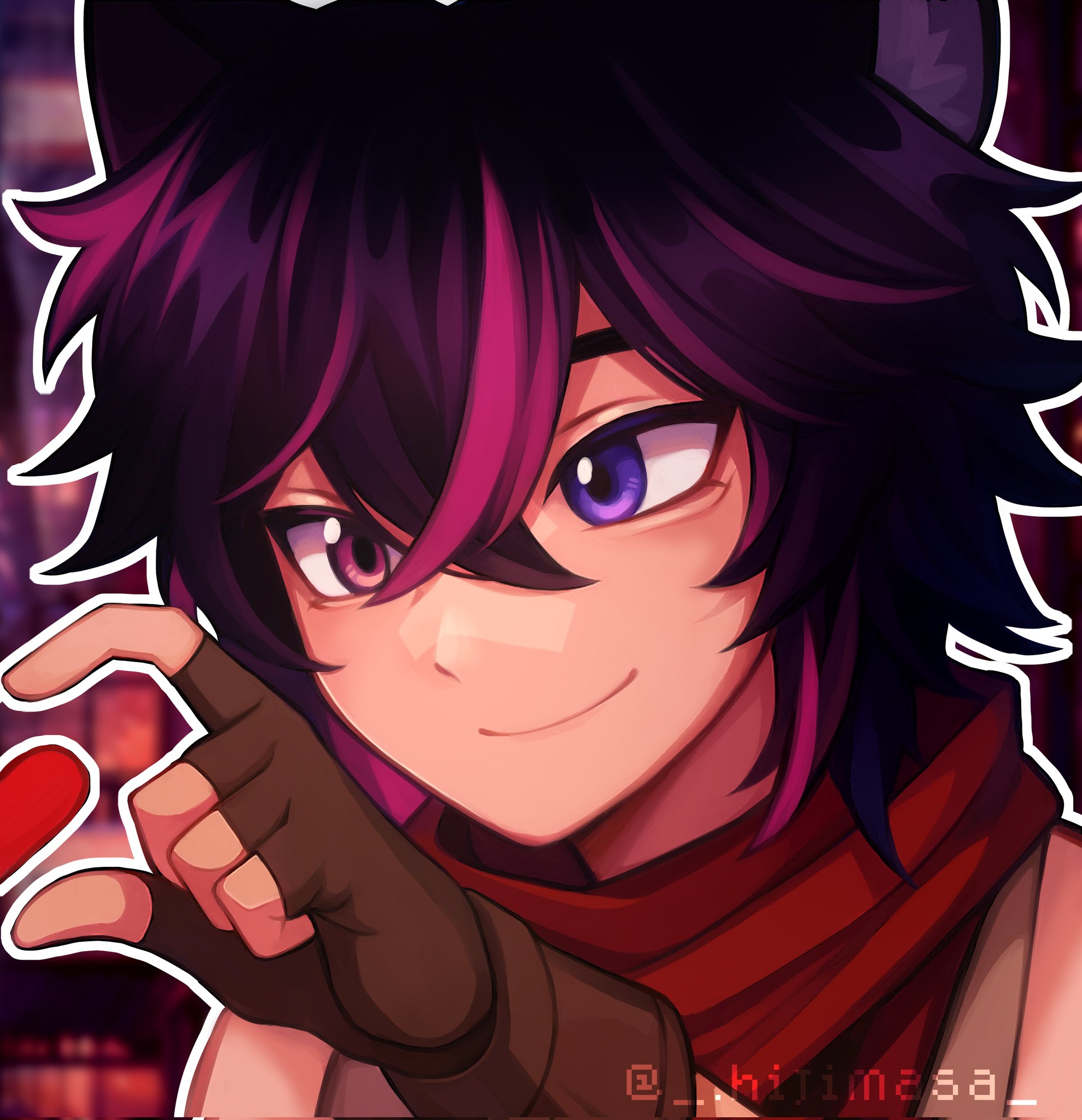 original, commentary request, commission, corrupted twitter file, highres, 1boy, aegyo sal, animal ears, brown gloves, closed mouth, crossed bangs, double-parted bangs, fingerless gloves, gloves, hair between eyes, hand up, heart, heart hands, heart hands duo, heart in heart hands, heterochromia, hijimasa, looking to the side, male focus, multicolored hair, outline, portrait, purple eyes, purple hair, red eyes, red scarf, red streaks, scarf, short hair, smile, solo, spanish commentary, streaked hair, white outline