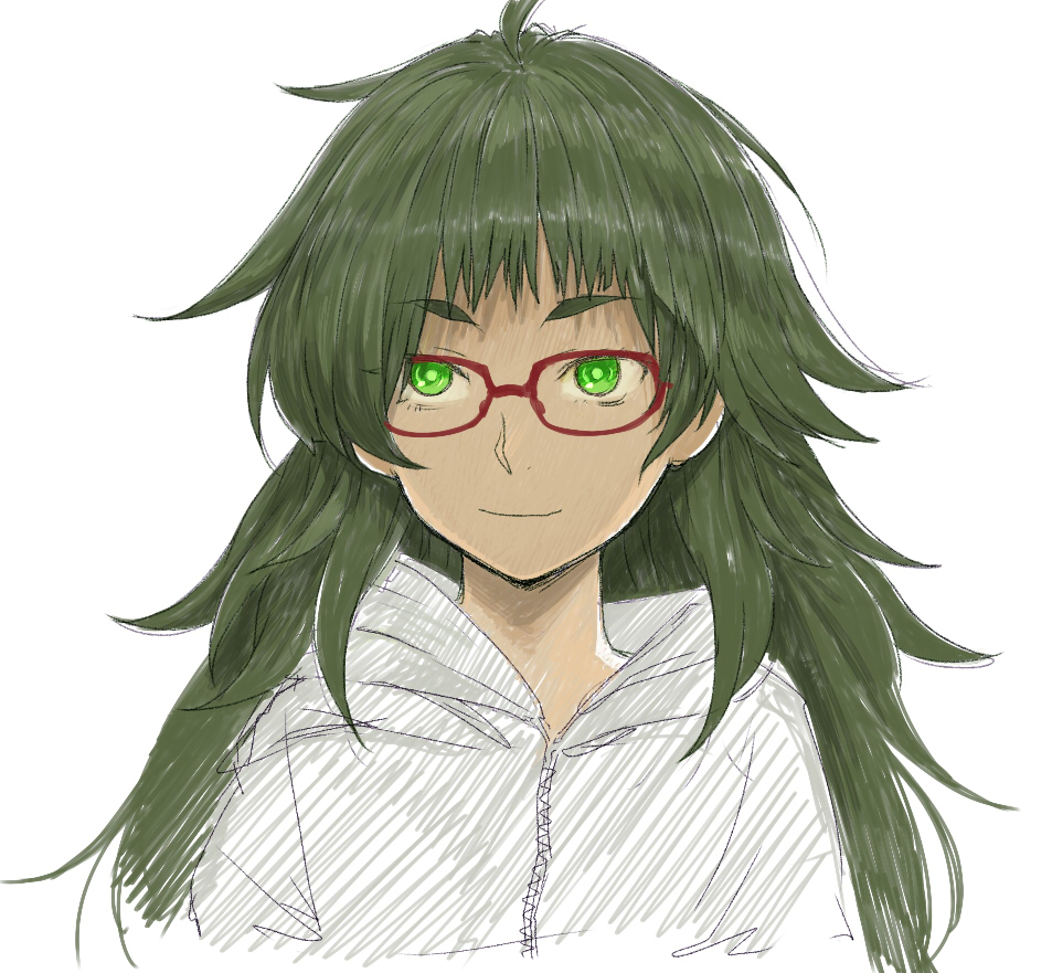 menomorute, hiyajou maho, science adventure, steins;gate, steins;gate 0, 1girl, blunt bangs, glasses, green eyes, green hair, jacket, long hair, ringed eyes, simple background, smile, solo, upper body, white background, zipper