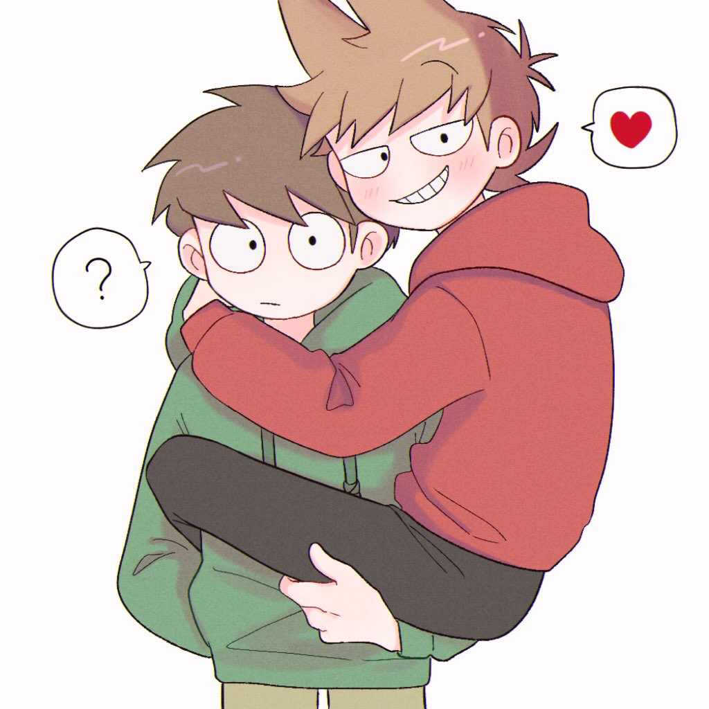edd (eddsworld), eddsworld, commentary request, 2boys, ?, antenna hair, arm around neck, black pants, blush, brown hair, brown pants, carrying, carrying person, child carry, cowboy shot, drawstring, film grain, flat color, flipped hair, green hoodie, grin, hair ears, hand on another's leg, heart, hood, hood down, hoodie, jitome, long sleeves, looking at viewer, male focus, mau (edd tom), multiple boys, pants, red hoodie, short hair, simple background, smile, smug, spoken heart, spoken question mark, swept bangs, toon (style), tord (eddsworld), white background, wide-eyed, yaoi