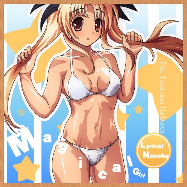 fukudori, fate testarossa, lyrical nanoha, mahou shoujo lyrical nanoha, mahou shoujo lyrical nanoha strikers, bad id, bad pixiv id, 00s, 1girl, bikini, blonde hair, border, breasts, cowboy shot, female focus, large breasts, long hair, navel, solo, swimsuit, white bikini