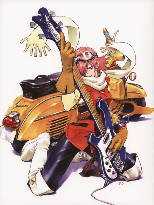 sadamoto yoshiyuki, haruhara haruko, flcl, vespa, vehicle, official art, 00s, 1girl, bass guitar, boots, female focus, gloves, goggles, goggles on head, hair over one eye, instrument, kneeling, motor vehicle, pink hair, rickenbacker, rickenbacker 4001, scarf, scooter, short hair, solo, yellow eyes