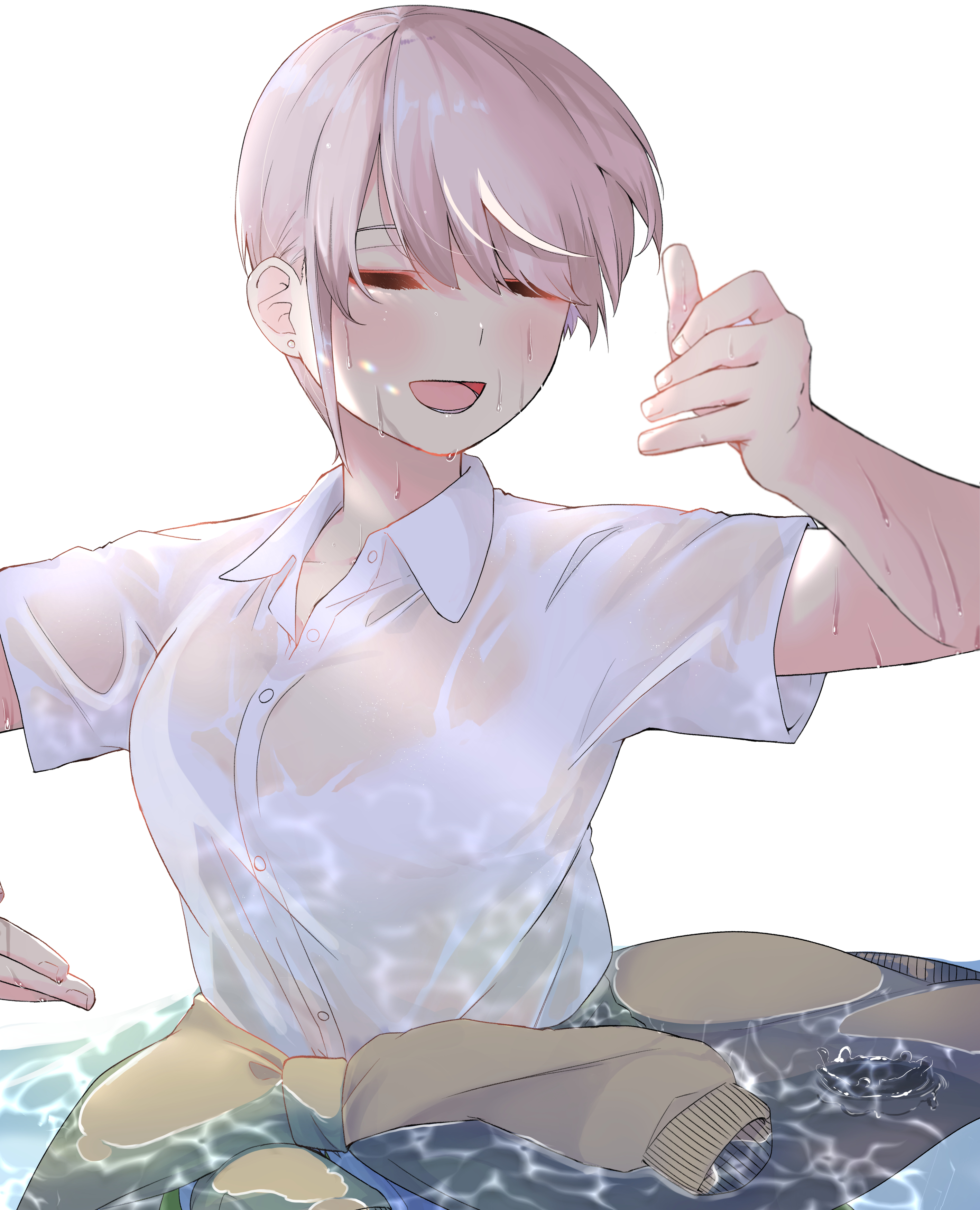 mojyu saico, nakano ichika, go-toubun no hanayome, absurdres, commentary request, highres, 1girl, blush, breasts, cardigan, cardigan around waist, closed mouth, clothes around waist, hands up, large breasts, open mouth, partially submerged, pink hair, school uniform, shirt, short hair, simple background, smile, solo, summer uniform, upper body, water, wet, wet clothes, wet shirt, white background