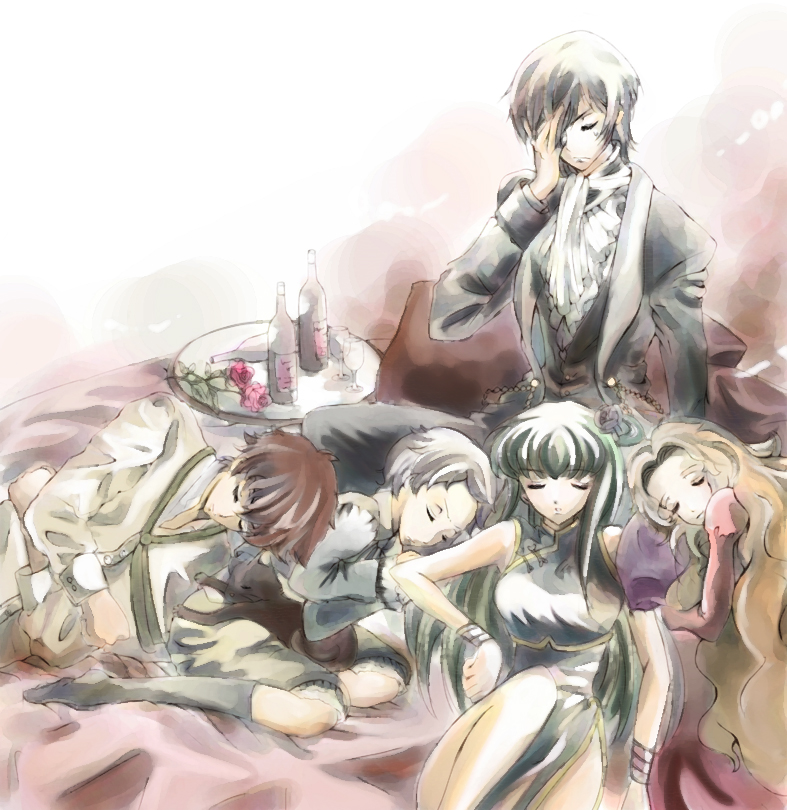 sherilshi, c.c., kururugi suzaku, lelouch vi britannia, nunnally vi britannia, rolo lamperouge, code geass, 00s, 2girls, 3boys, alcohol, black hair, blind, brown hair, closed eyes, drunk, facepalm, flower, green hair, long hair, multiple boys, multiple girls, pimp, rose, sleeping, wine