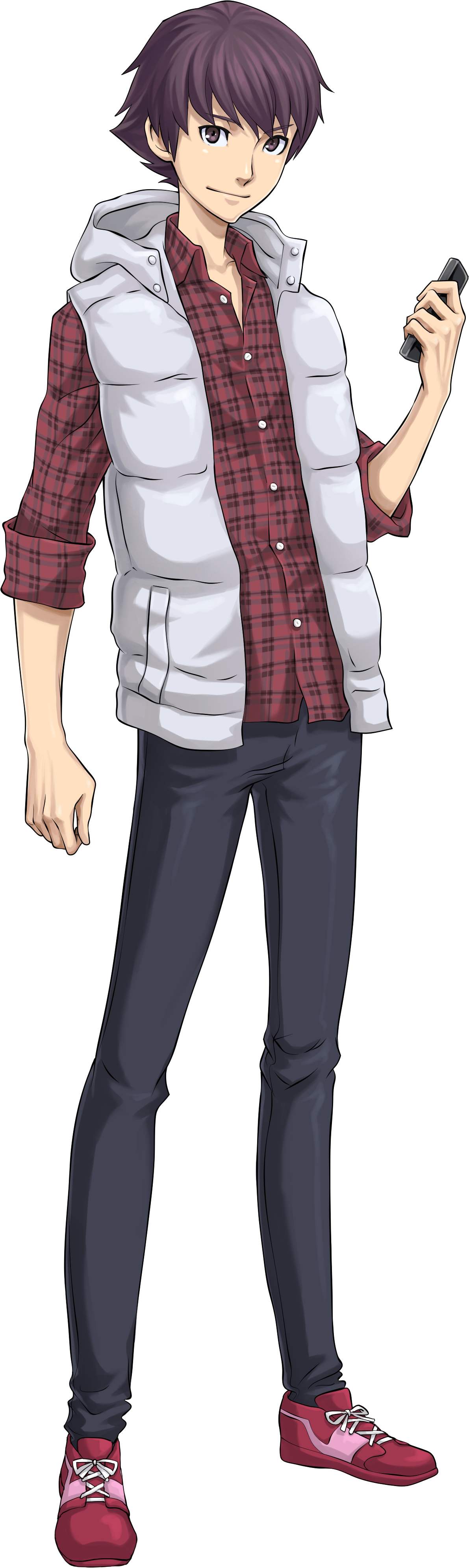 shin megami tensei, shin megami tensei: liberation dx2, absurdres, artist request, highres, official art, third-party source, 1boy, brown eyes, brown hair, cellphone, full body, holding, holding phone, male focus, male protagonist (smt ldx2), phone, simple background, smartphone, solo, standing, transparent background