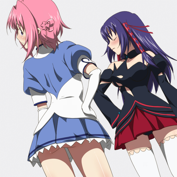 kanna asuke, ascoeur, q-feuille, kiddy girl-and, kiddy grade, 00s, 2girls, blush, closed eyes, dress, long hair, multiple girls, no panties, pink hair, purple hair, short hair, thighhighs