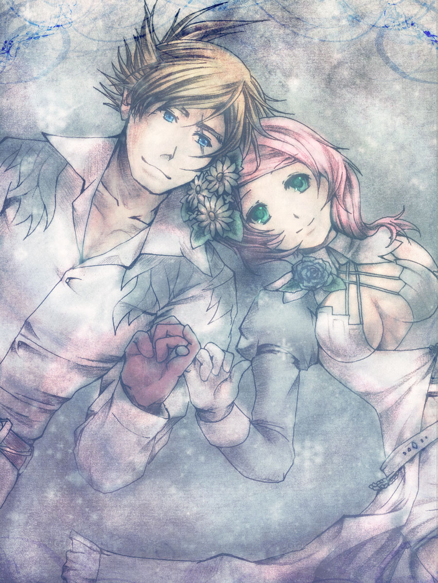 chaiusa, alisa boskonovich, lars alexandersson, namco, tekken, bad id, bad pixiv id, highres, 1boy, 1girl, blonde hair, breasts, cleavage, collarbone, collared shirt, couple, fog, grass, green eyes, looking at viewer, lying, on back, pink hair, plant, shirt, white shirt