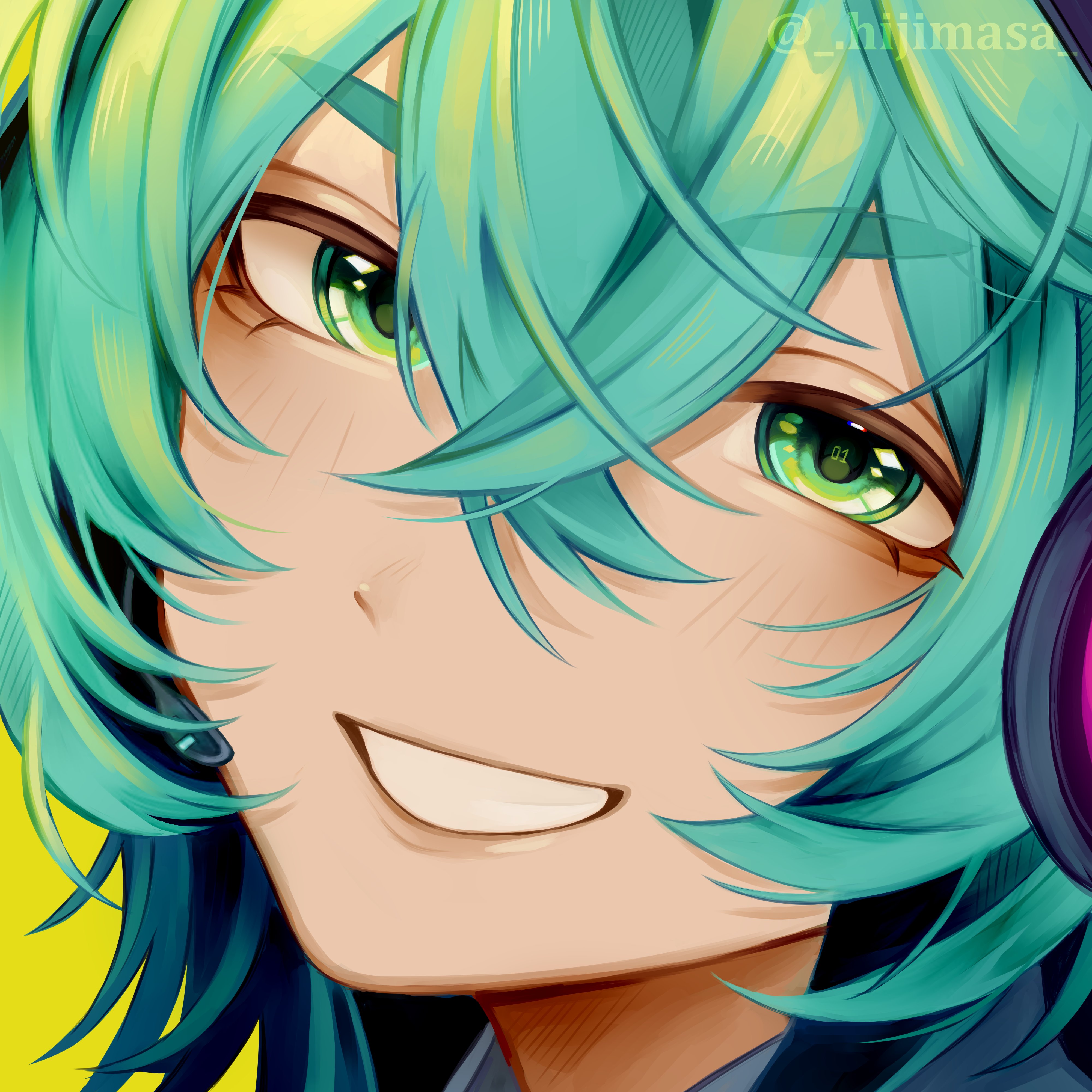 original, absurdres, commentary request, commission, highres, 1boy, aegyo sal, blue hair, crossed bangs, double-parted bangs, green eyes, hair between eyes, headset, hijimasa, looking at viewer, male focus, number in eye, portrait, short hair, simple background, smile, solo, spanish commentary, symbol in eye, yellow background