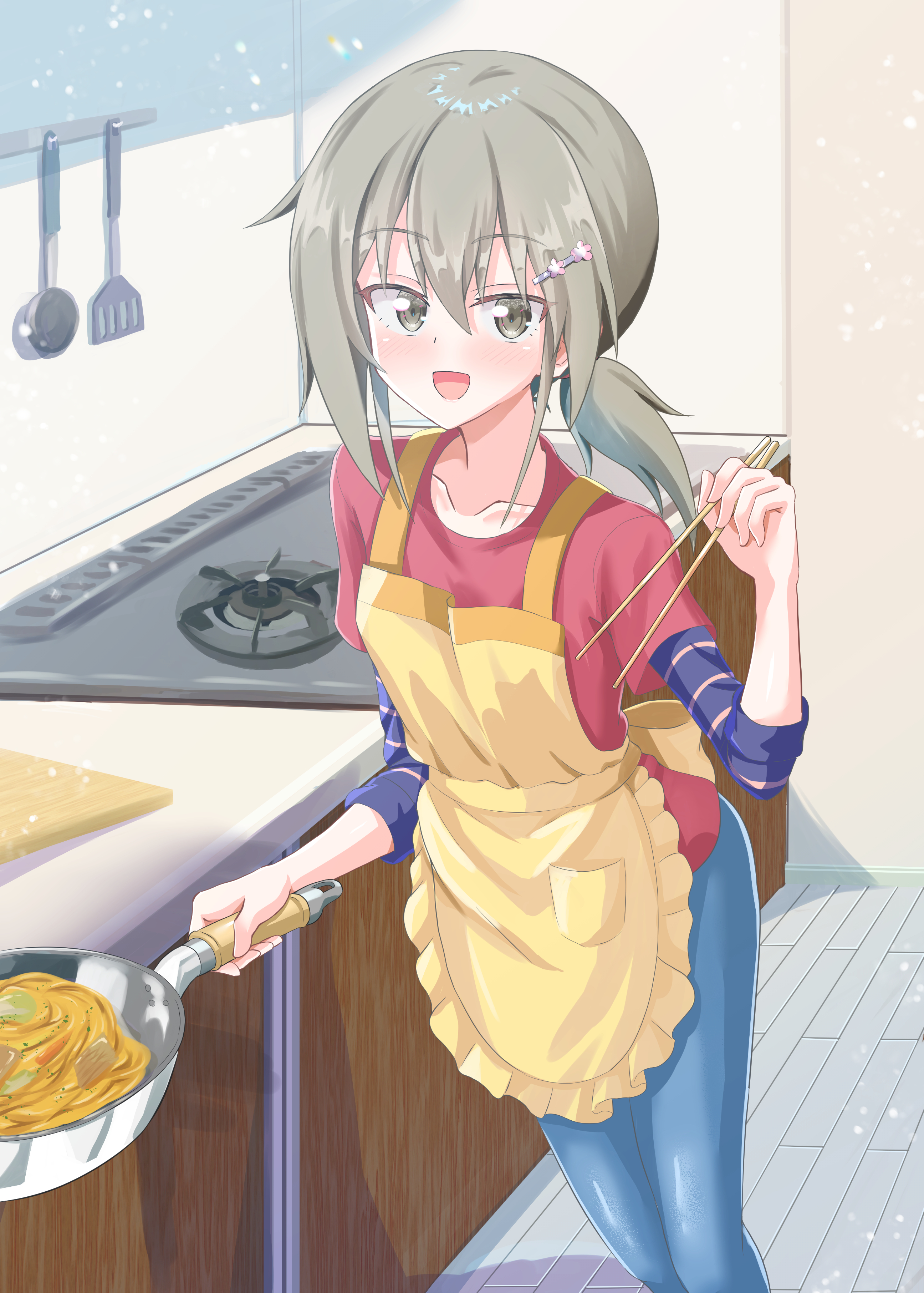 masamune mino, minowa gin, washio sumi wa yuusha de aru, yuusha de aru, absurdres, highres, 1girl, :d, apron, blue pants, blush, breasts, brown eyes, brown hair, chopsticks, collarbone, cooking, counter, denim, feet out of frame, food, frilled apron, frills, frying pan, grey eyes, grey hair, hair between eyes, hair ornament, hairclip, hairpin, hand up, heart, heart hair ornament, holding, holding chopsticks, holding frying pan, indoors, jeans, kitchen, ladle, layered sleeves, long hair, long sleeves, looking at viewer, low ponytail, medium hair, noodles, open mouth, pants, pasta, plate, pocket, ponytail, red shirt, shirt, short over long sleeves, short sleeves, sidelocks, small breasts, smile, solo, spatula, standing, stove, striped clothes, striped shirt, tiles, wooden floor, yellow apron