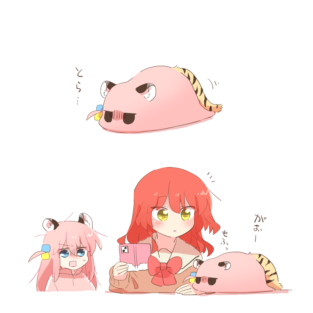 rebecca (keinelove), gotoh hitori, gotoh hitori (tsuchinoko), kita ikuyo, bocchi the rock!, commentary request, translation request, 2girls, animal ears, blue eyes, bow, bowtie, brown sweater, cellphone, cropped torso, hair between eyes, holding, holding phone, jacket, kemonomimi mode, long hair, multiple girls, open mouth, parted lips, phone, pink hair, pink jacket, rectangular mouth, red bow, red bowtie, red hair, sailor collar, school uniform, shuka high school uniform, simple background, smartphone, sweater, tail, tiger ears, tiger girl, tiger tail, track jacket, white background, white sailor collar, yellow eyes