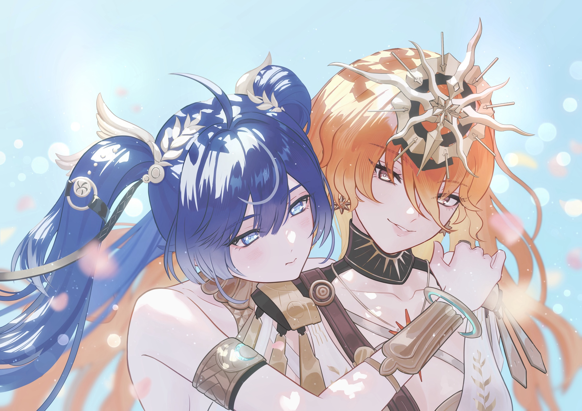 augusta (wuthering waves), iuno (wuthering waves), wuthering waves, commentary request, highres, 2girls, 8k u, ahoge, armlet, bare shoulders, blue eyes, blue hair, collarbone, earrings, headgear, jewelry, laurel crown, light blush, long hair, multiple girls, orange eyes, orange hair, parted lips, smile, sun earrings, sun necklace, twintails, upper body, vambraces